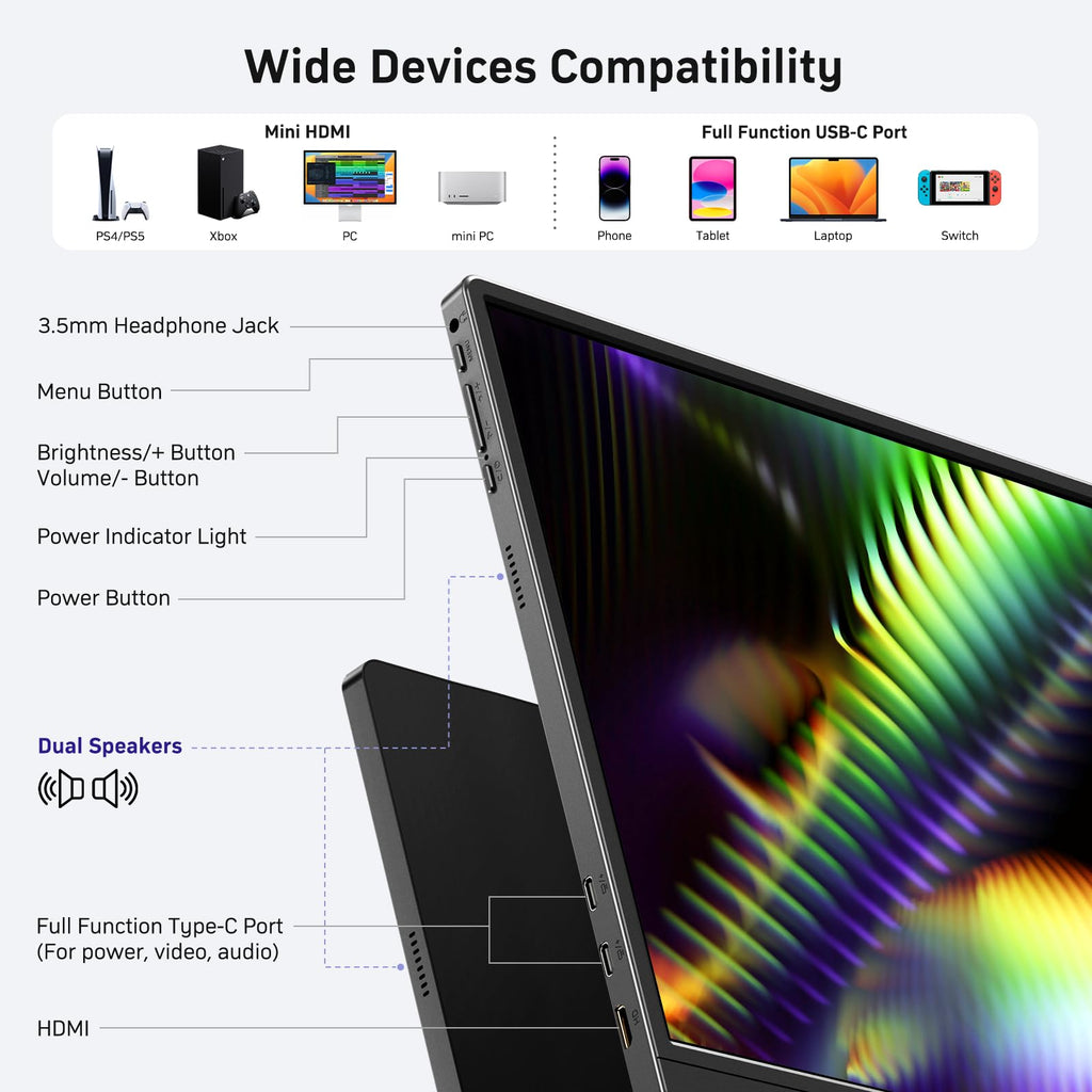 MNN Portable Monitor 15.6inch FHD 1080P 60Hz USB C HDMI Gaming Ultra-Slim IPS Display w/Smart Cover & Speakers,HDR Plug&Play, External Monitor for Laptop PC Phone Mac (15.6'' 1080P) - Flex Gamingproduct_type