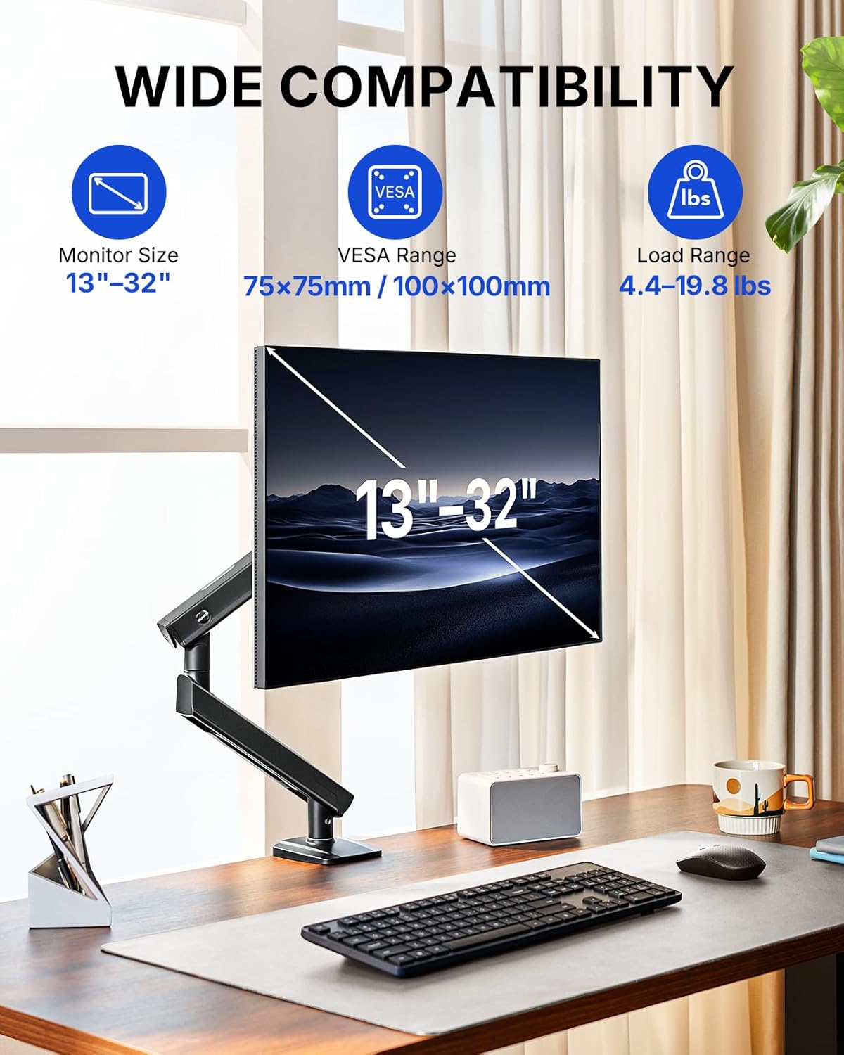HUANUO FlowLift™ Pro Monitor Arm for 13–32" Screens, MechaSpring Monitor Mount, Fully-Adjustable Monitor Stand with Tilt/Swivel/Rotation, Tool-Free VESA Mount, C-Clamp/Grommet Base, Max Load 19.8 lbs - Flex Gamingproduct_type