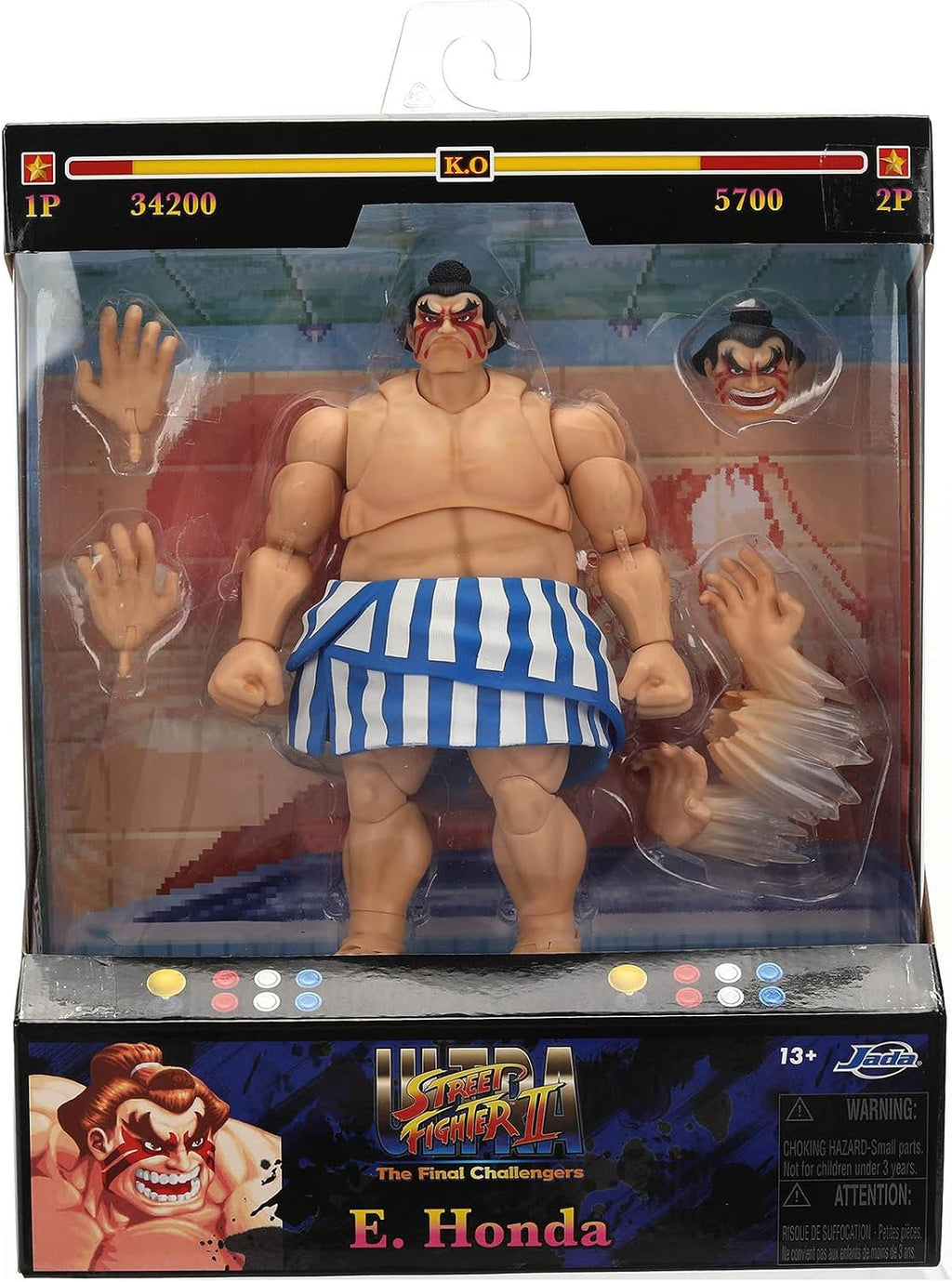 Jada Toys Street Fighter Figure E. Honda (16 cm) - Movable Collectible and Action Figure from Street Fighter 2: The Final Challengers, with Alternative Head, Hands and Accessories, from 13 Years