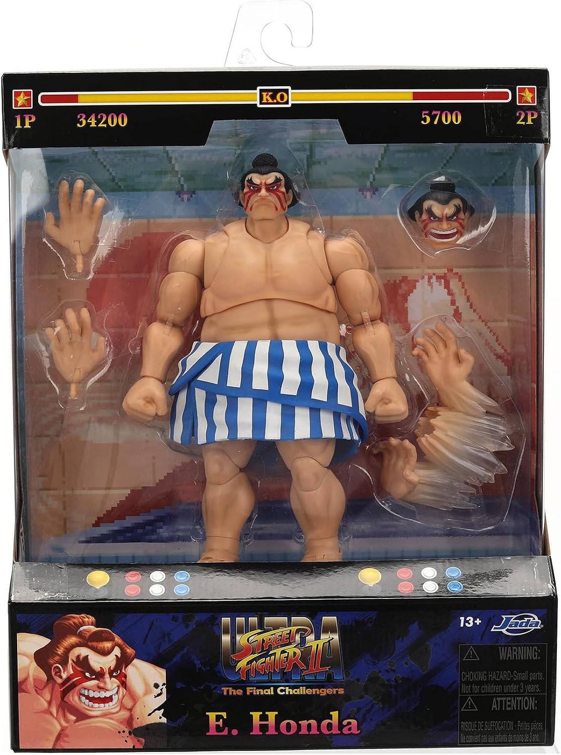 Jada Toys Street Fighter Figure E. Honda (16 cm) - Movable Collectible and Action Figure from Street Fighter 2: The Final Challengers, with Alternative Head, Hands and Accessories, from 13 Years