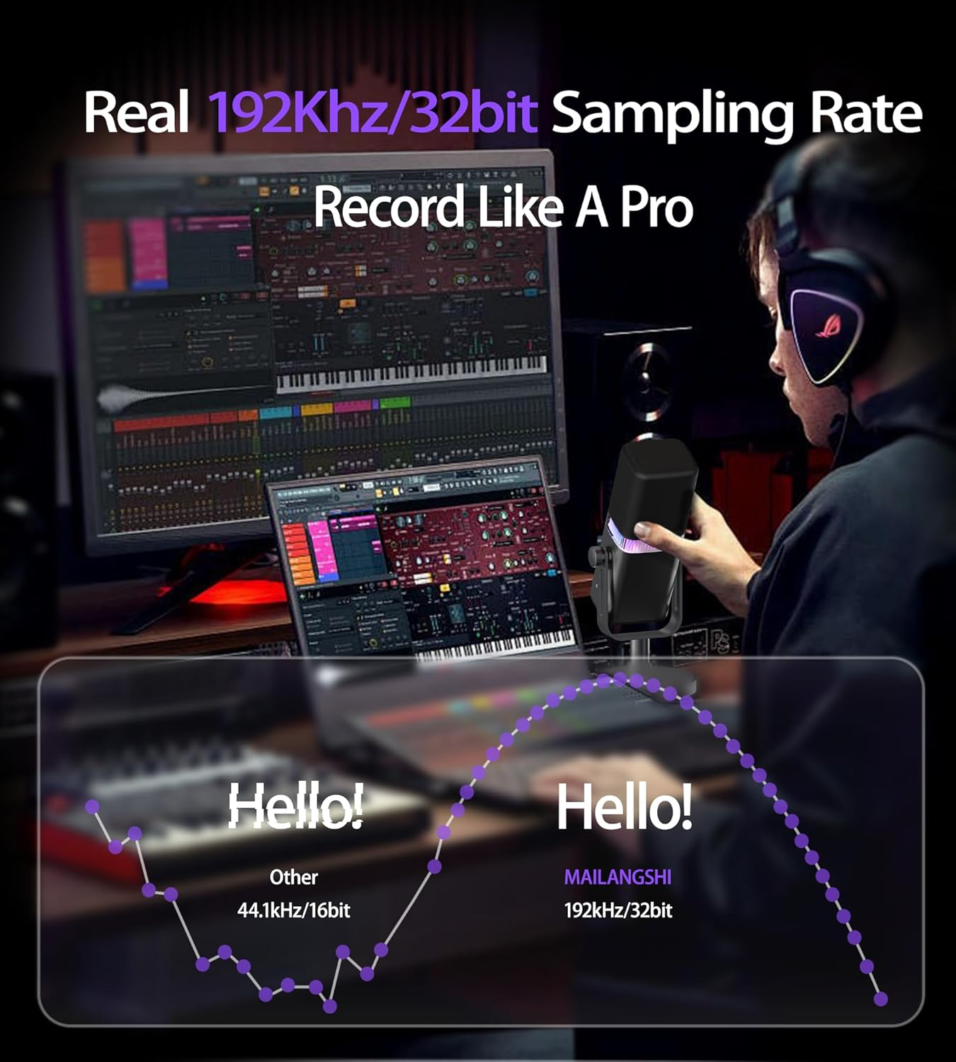 MAILANGSHI 192KHz/32bit Dynamic Podcast Microphone for PC, USB & XLR Mic with RGB Lighting, Desktop Stand, Mute Button, All-Metal Body, Gain & Volume Control, Gaming Microphone for Livestreaming - Flex Gamingproduct_type