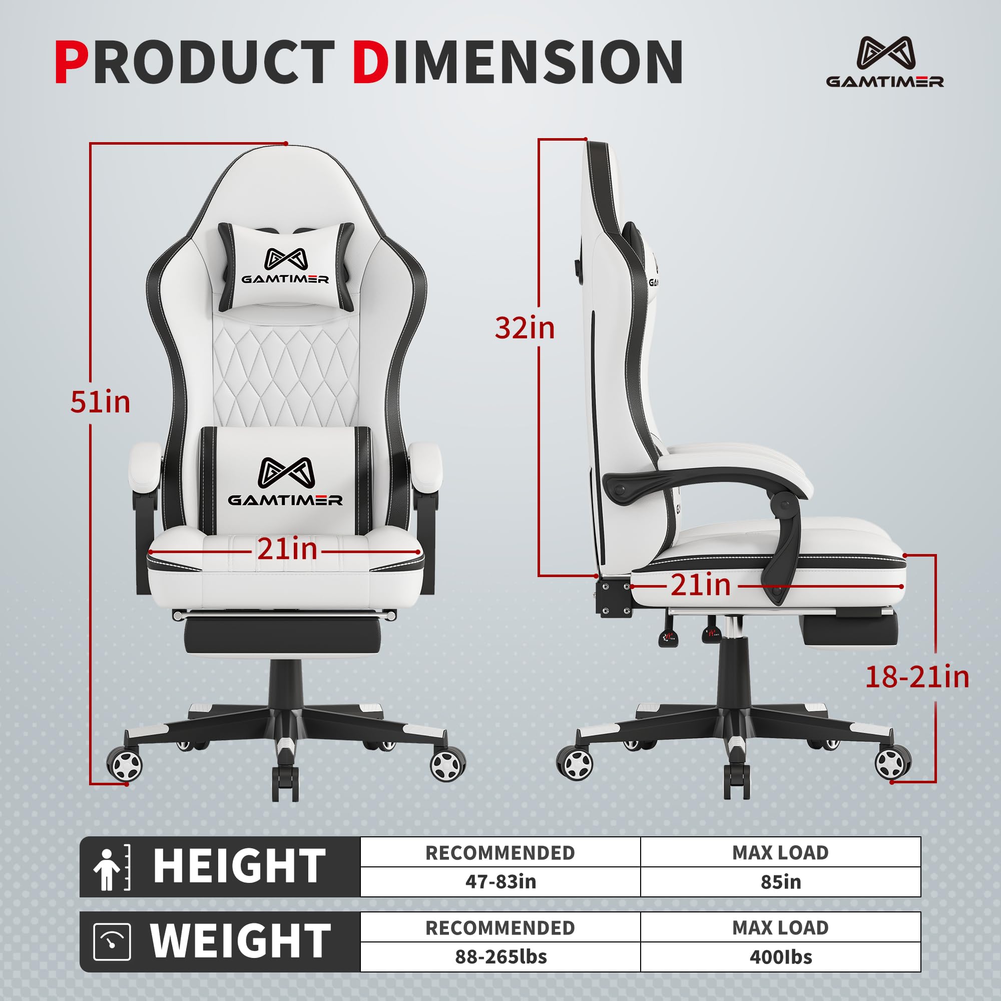 Gamtimer Gaming Chair with Footrest, Ergonomic Computer Chair, PU Breathable Material with Headrest and Lumbar Support, Suitable for Silla Gamer and Adults（Grey） - Flex Gamingproduct_type