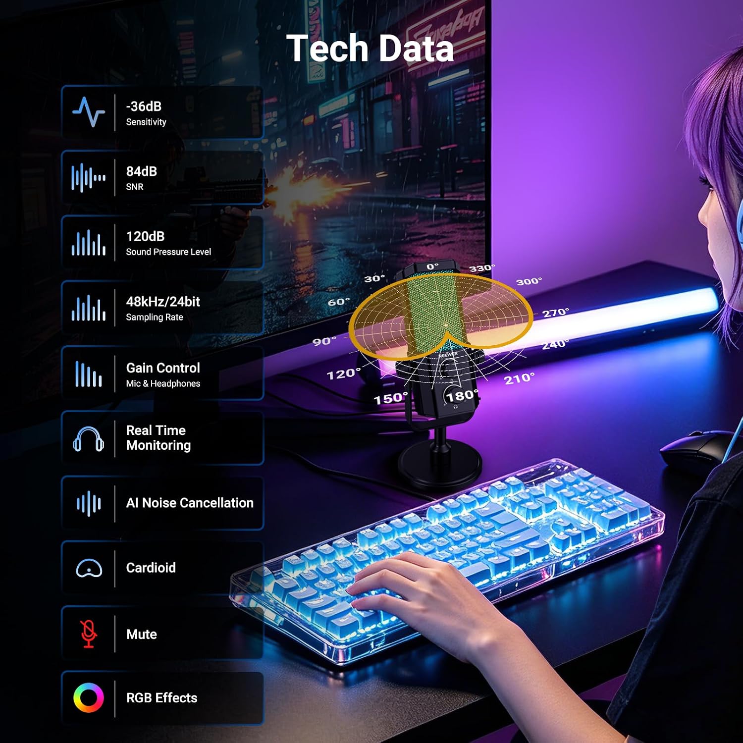 NEEWER UM01 AI Noise Canceling USB Microphone, Plug & Play Cardioid RGB Condenser Mic Mute/Music Sync/App Control for Android Windows PC Mac PS4/5 Gaming Recording Streaming Podcasting Studio Computer - Flex Gamingproduct_type