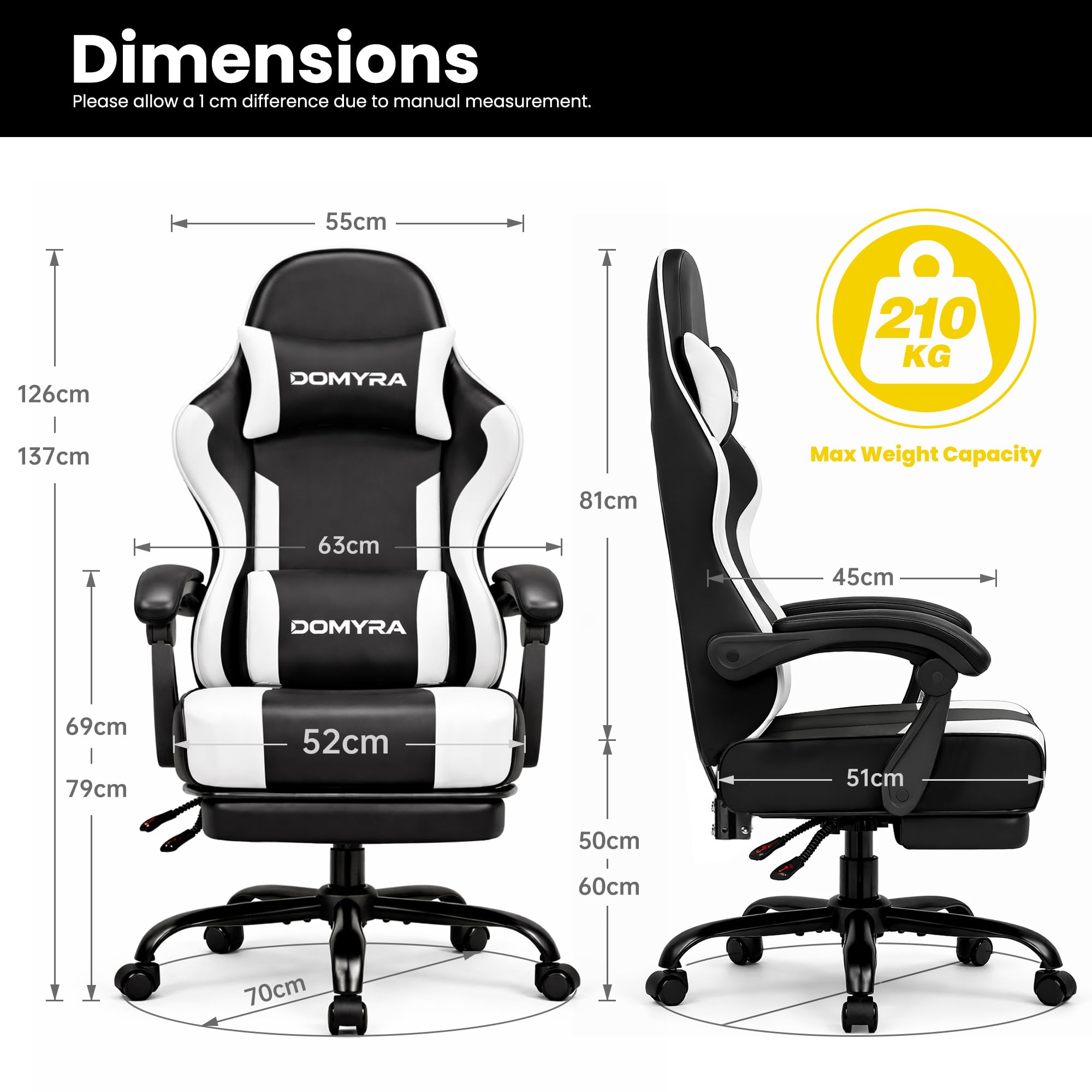 Gaming Chair Gamer Game Ergonomic with Footstool Lumbar Support Deep Black | Headrest, Height and Backrest Adjustable, Deep Black Leather, 210 KG Heavy Duty Load Capacity 52cm Wingless Cushion - Flex Gamingproduct_type