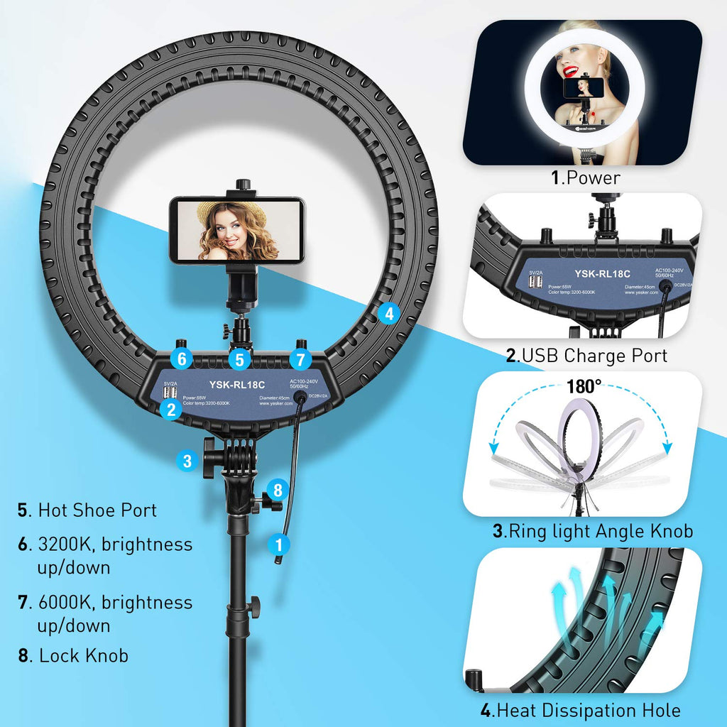 Yesker Ring Light with Tripod Stand and Phone Holder 18 Inch RGB Ringlight 25 RGB Modes Bi-Color Adjustable 2700–7000K LED Selfie Halo Light Kit for Live Stream Photography Zoom Makeup Youtobe Tiktok