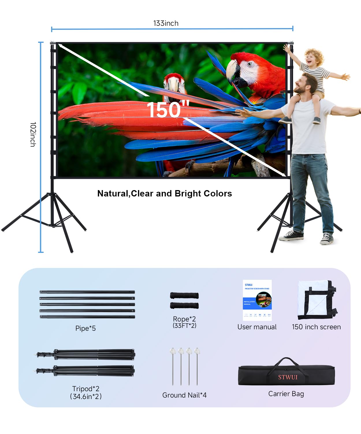 STWUI Outdoor-Projector-Screen-with-Stand - 120 inch Portable Projector Screen Indoor Outdoor Projector Screens 16:9 4K HD Lightweight Movie Screen with Carry Bag for Backyard Movie Night - Flex Gamingproduct_type