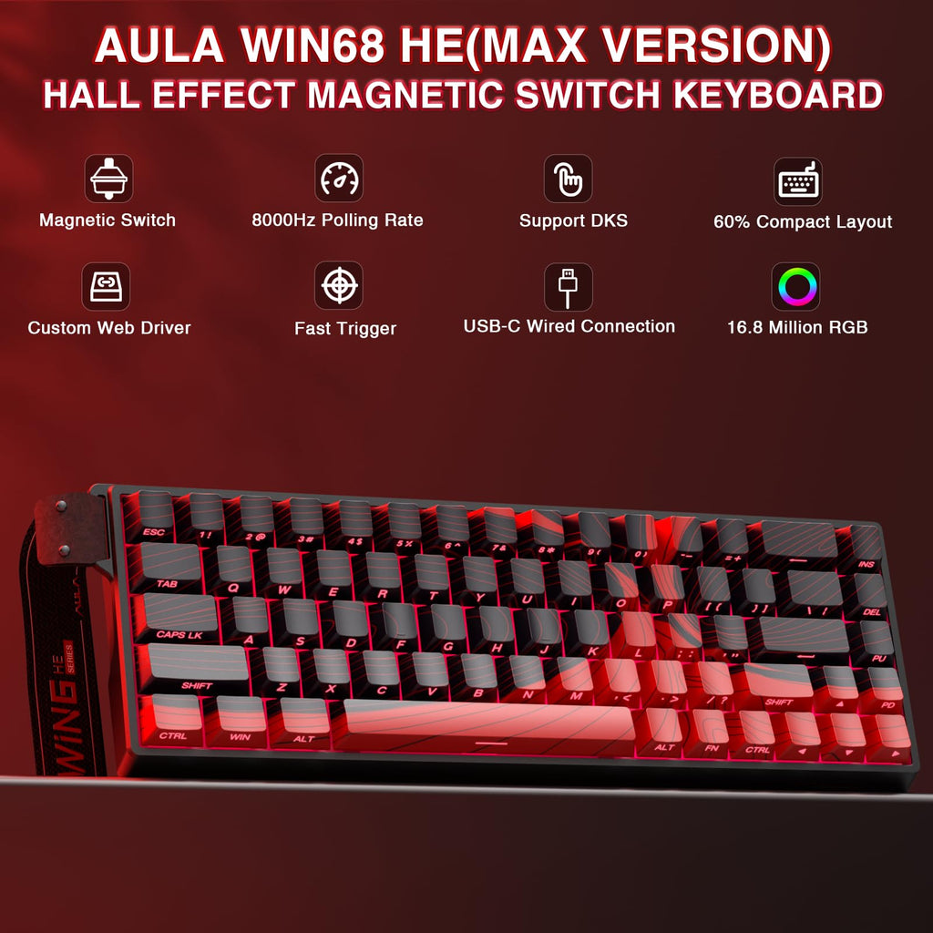 AULA WIN68 HE Mechanical Gaming Keyboard 60%, Hall Effect Magnetic Switch, Fast Trigger Mode Adjustable Actuation, 8000Hz Polling Rate, RGB Backlit, Wired Black Keyboard for Laptop/PC Gamer - Flex Gamingproduct_type