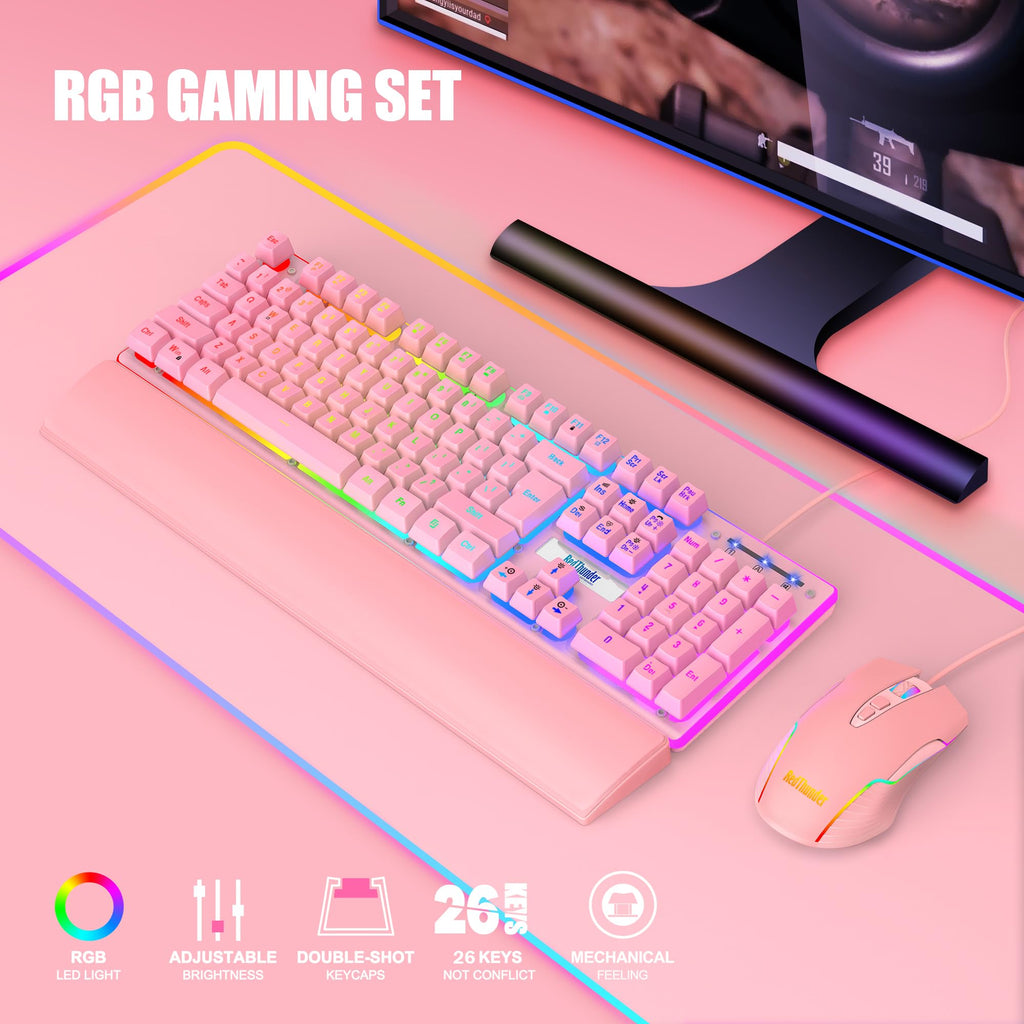 RedThunder K10 Wired Gaming Keyboard and Mouse and Wrist Rest Combo, RGB Backlit, Mechanical Feel Anti-ghosting Keyboard + 7D 7200 DPI Mice+Soft Leather Wrist Rest 3 in 1 PC Gamer Accessories(Black) - Flex Gamingproduct_type