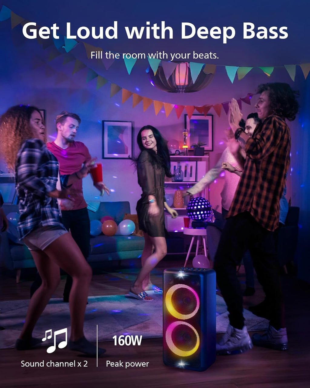Philips X5206 Bluetooth Party Speaker - 14 Hours Play Time, Deep Bass, Party Lights, Karaoke Effects, Mic & Guitar Input, 80W Max Power, Black