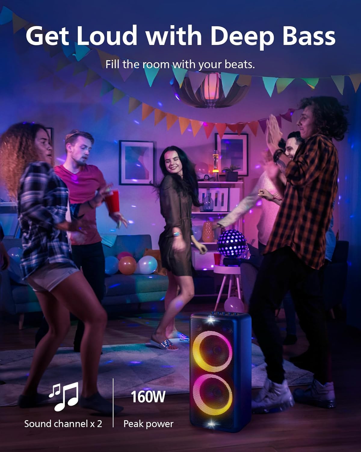 Philips X5206 Bluetooth Party Speaker - 14 Hours Play Time, Deep Bass, Party Lights, Karaoke Effects, Mic & Guitar Input, 80W Max Power, Black