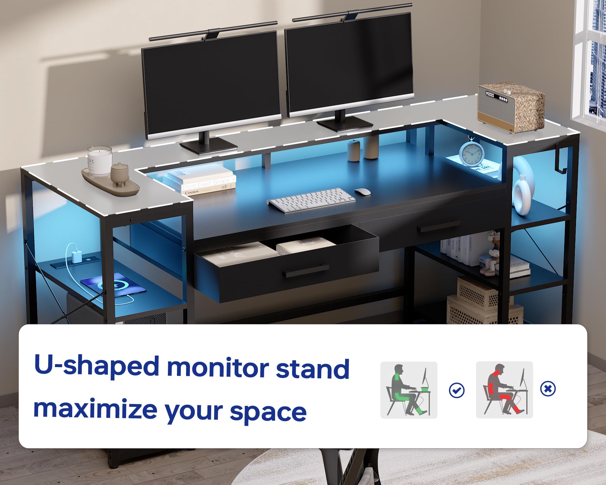 Pamray 58 Inch Computer Desk with Monitor Stand and Shelves Gaming Desk with LED Lights & Power Outlets PC Vanity Table with 2 Drawers for Home Office Black - Flex Gamingproduct_type