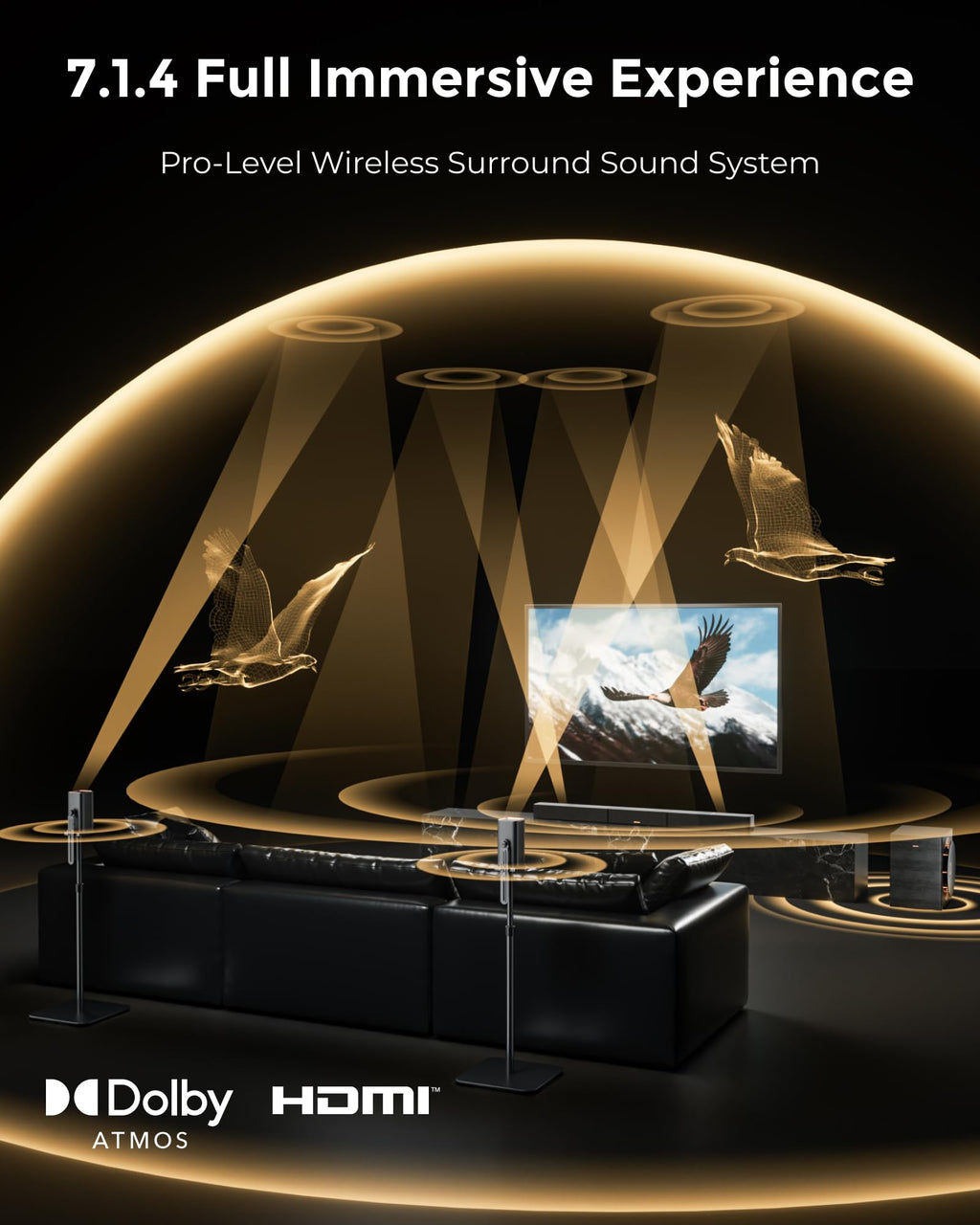 ULTIMEA Skywave X60 7.1.4ch Wireless Surround Sound System for Home Theater | with Dolby Atmos, 840W Sound Bar with 8" Wireless Subwoofer for TV, 28Hz Low Frequency, GaN Amplifier, 4K HDR Pass-Through