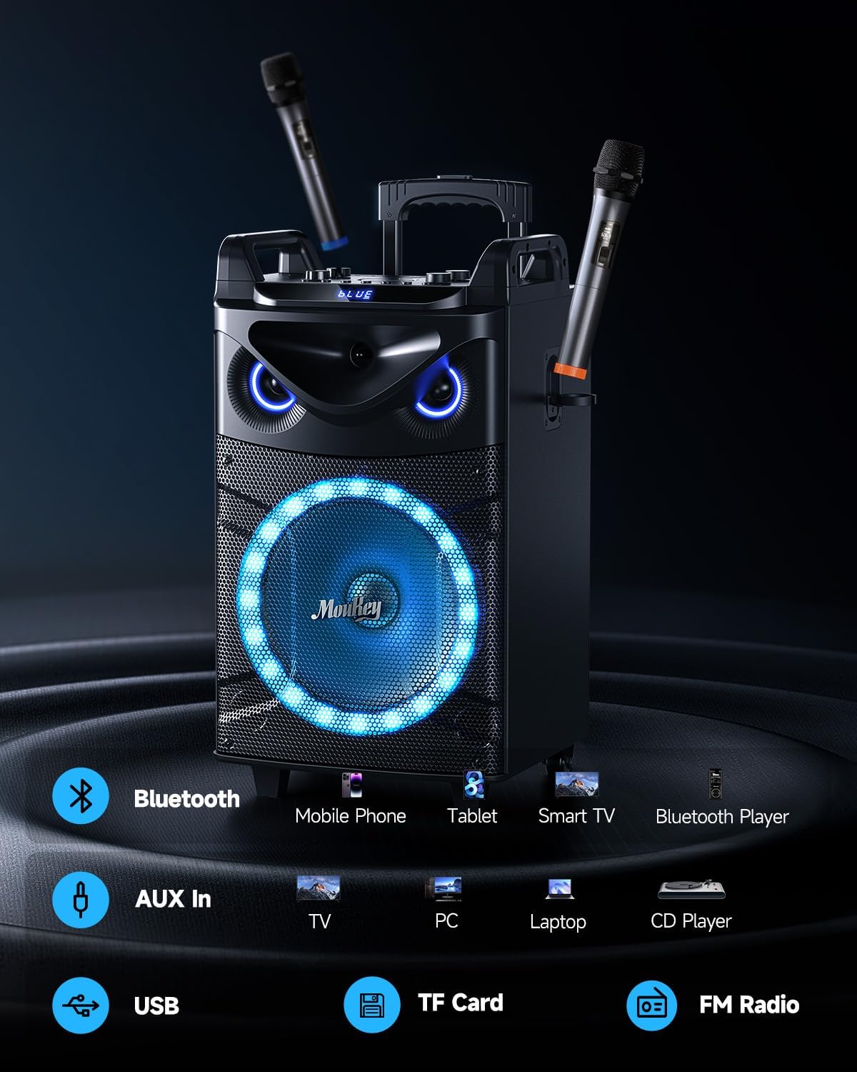 Moukey Karaoke Machine, 12" Woofer PA System, Portable Bluetooth Speaker with 2 Wireless Microphones, Party Lights and Echo/Treble/Bass Adjustment, Supports TWS/REC/AUX IN/MP3/USB/TF/FM - MTs12-1