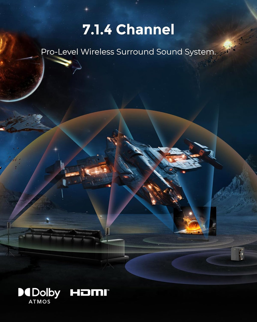 ULTIMEA Skywave X60 7.1.4ch Wireless Surround Sound System for Home Theater | with Dolby Atmos, 840W Sound Bar with 8" Wireless Subwoofer for TV, 28Hz Low Frequency, GaN Amplifier, 4K HDR Pass-Through