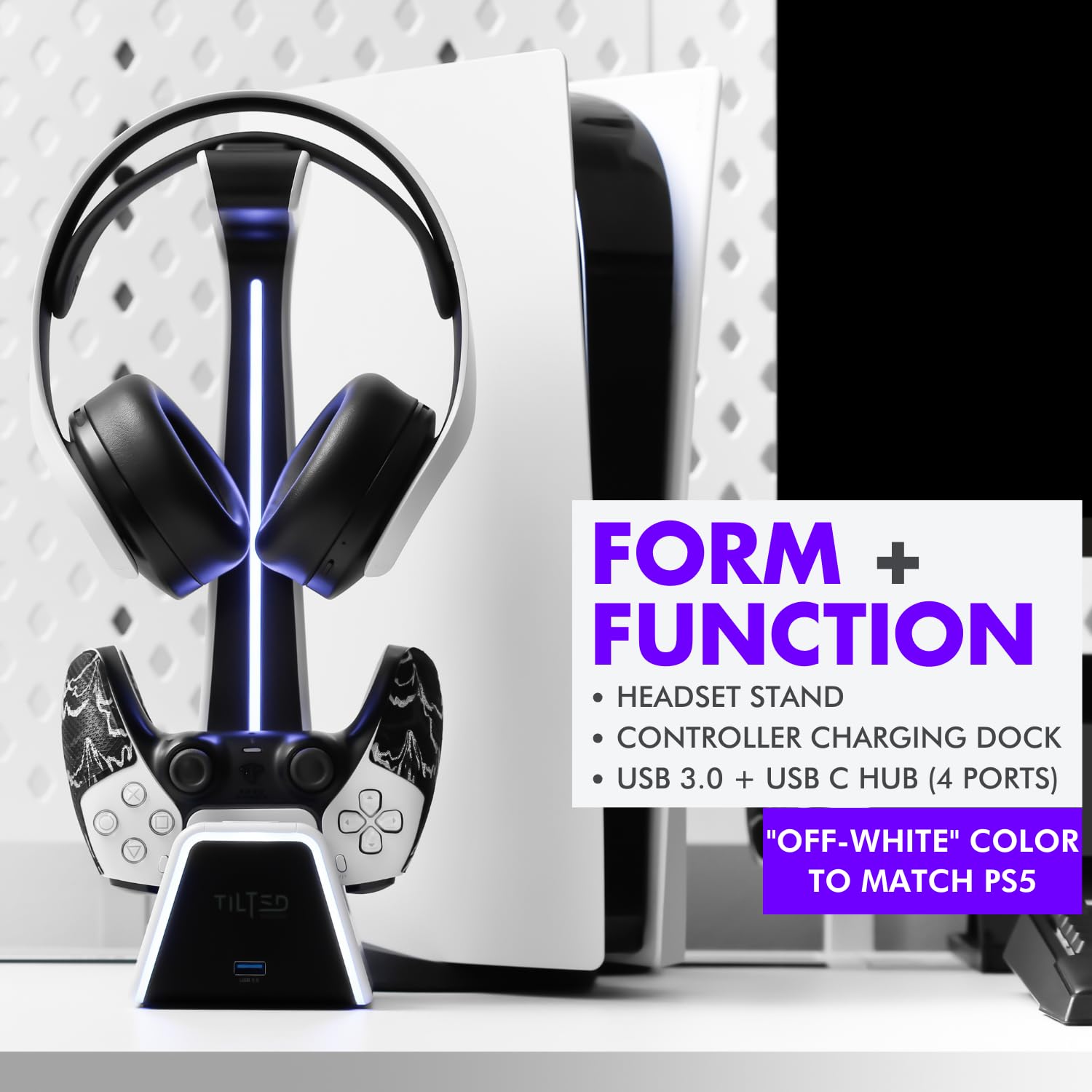 Tilted Nation 3 in 1 Gaming Headset and Controller Stand for PS5 and Xbox Series X Charging Station - Game Controller Holder and Headphone Stand for Desk with PlayStation and Xbox Magnetic Charger - Flex Gamingproduct_type