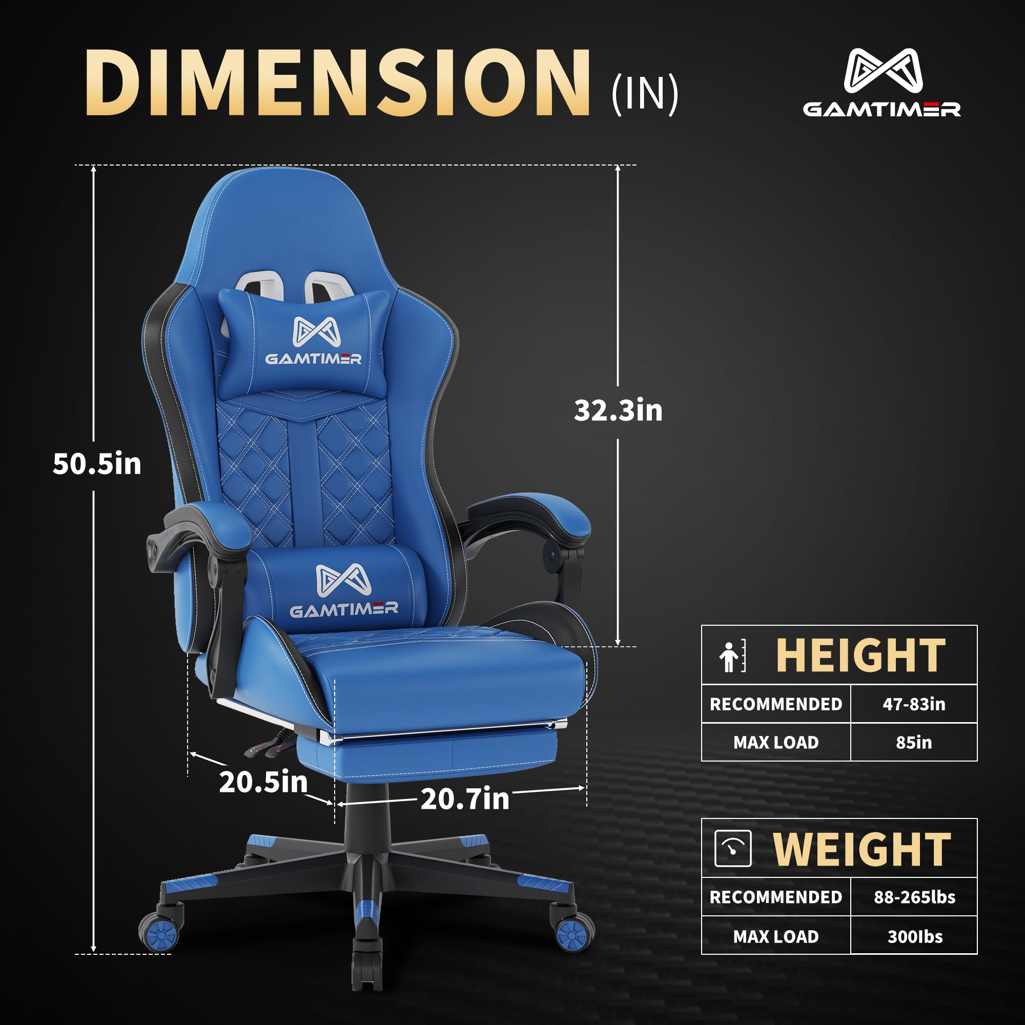 Gamtimer Gaming Chair, 400 LB Weight Capacity,with Pocket Spring Cushion | Ergonomic Backrest Office Chair,Leather, with Headrest and Lumbar Support, Footrest, Suitable for Adults(Blue) - Flex Gamingproduct_type