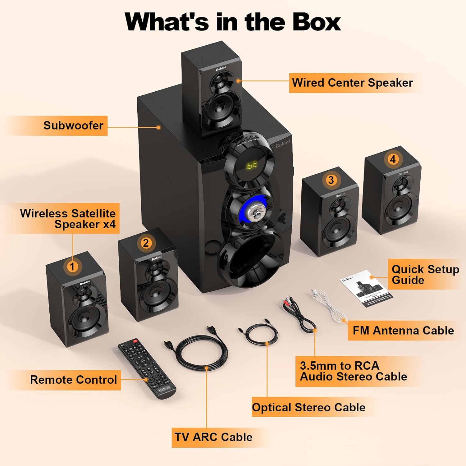 Bobtot Wireless Surround Sound System Home Theater System, 1000W Surround Speakers 8" Subwoofer 5.1/2.1 Channel Deep Bass with ARC Optical Bluetooth Karaoke Input - Flex Gamingproduct_type