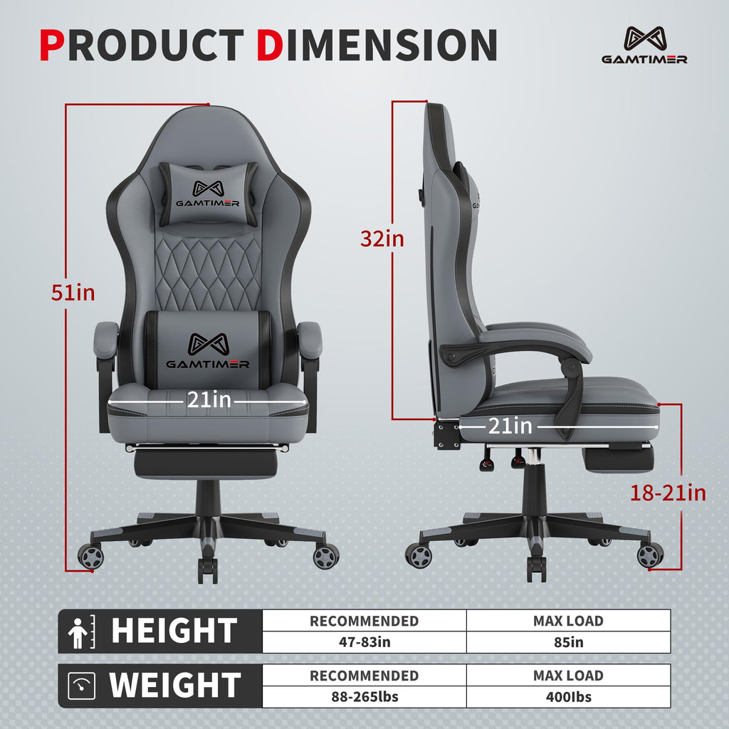 Gamtimer Gaming Chair with Footrest, Ergonomic Computer Chair, PU Breathable Material with Headrest and Lumbar Support, Suitable for Silla Gamer and Adults（Grey） - Flex Gamingproduct_type
