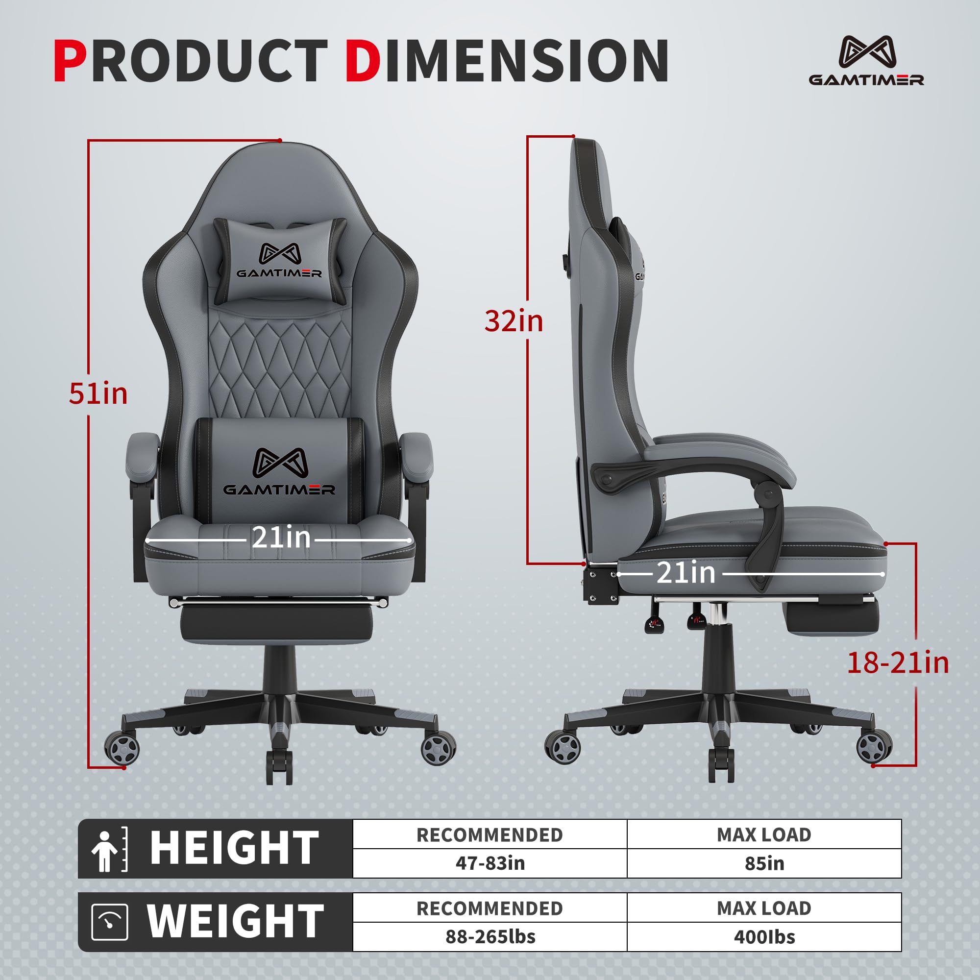 Gamtimer Gaming Chair with Footrest, Ergonomic Computer Chair, PU Breathable Material with Headrest and Lumbar Support, Suitable for Silla Gamer and Adults（Grey） - Flex Gamingproduct_type