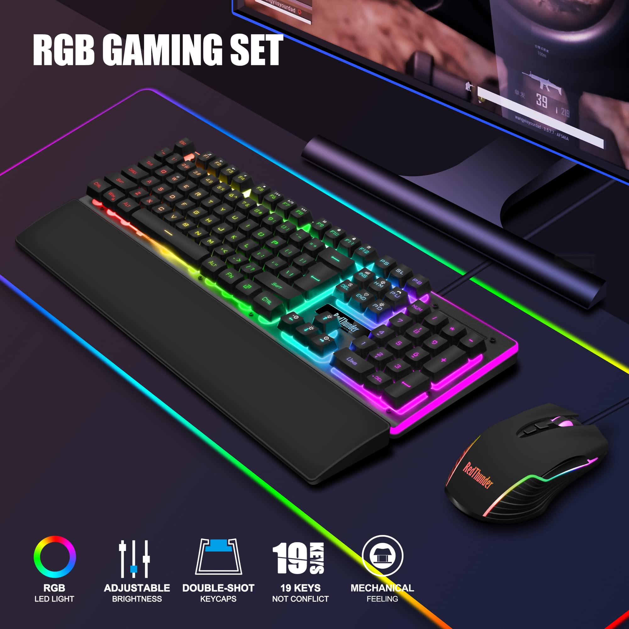 RedThunder K10 Wired Gaming Keyboard and Mouse and Wrist Rest Combo, RGB Backlit, Mechanical Feel Anti-ghosting Keyboard + 7D 7200 DPI Mice+Soft Leather Wrist Rest 3 in 1 PC Gamer Accessories(Black) - Flex Gamingproduct_type