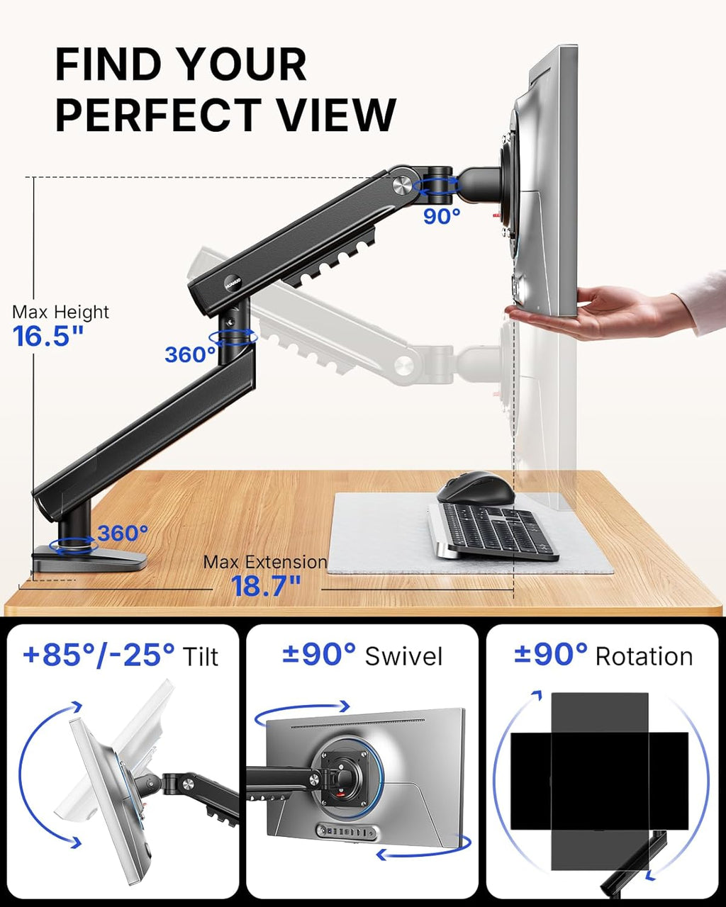 HUANUO FlowLift™ Pro Monitor Arm for 13–32" Screens, MechaSpring Monitor Mount, Fully-Adjustable Monitor Stand with Tilt/Swivel/Rotation, Tool-Free VESA Mount, C-Clamp/Grommet Base, Max Load 19.8 lbs - Flex Gamingproduct_type