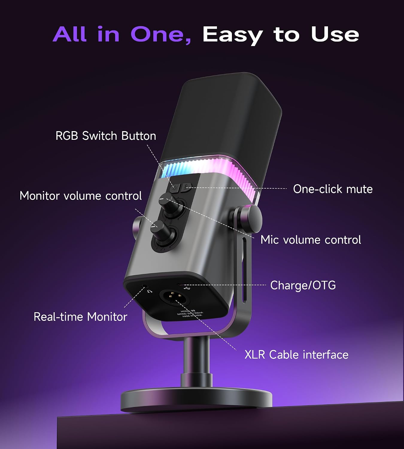 MAILANGSHI 192KHz/32bit Dynamic Podcast Microphone for PC, USB & XLR Mic with RGB Lighting, Desktop Stand, Mute Button, All-Metal Body, Gain & Volume Control, Gaming Microphone for Livestreaming - Flex Gamingproduct_type