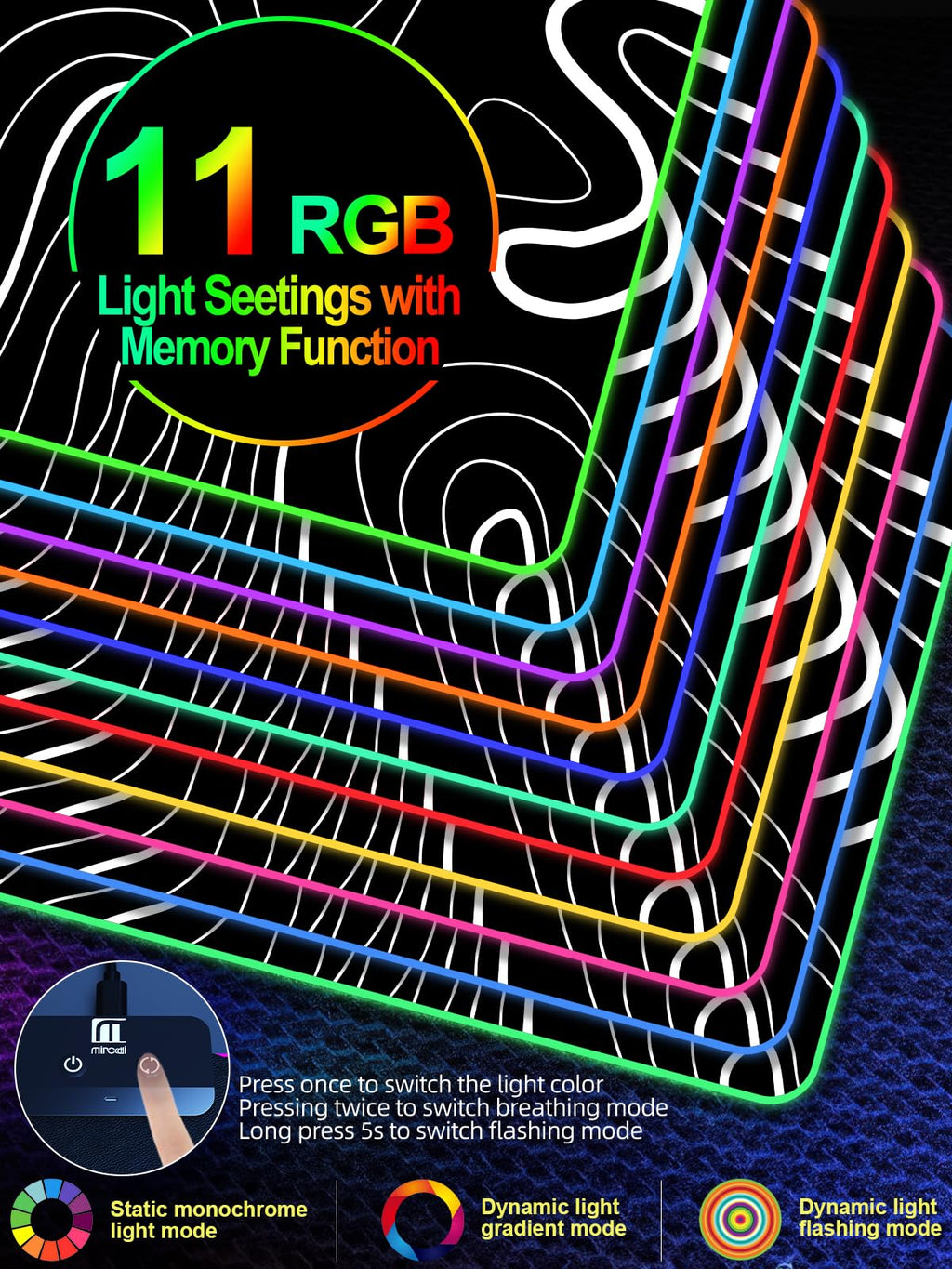 XXL Mouse Pad with Phone Holder - Black, RGB Desk Mat with 15W Fast Charging, LED Gaming Mousepad with 11 Light Colors, Waterproof Non-Slip Pad for Office & Home (Wave) - Flex Gamingproduct_type
