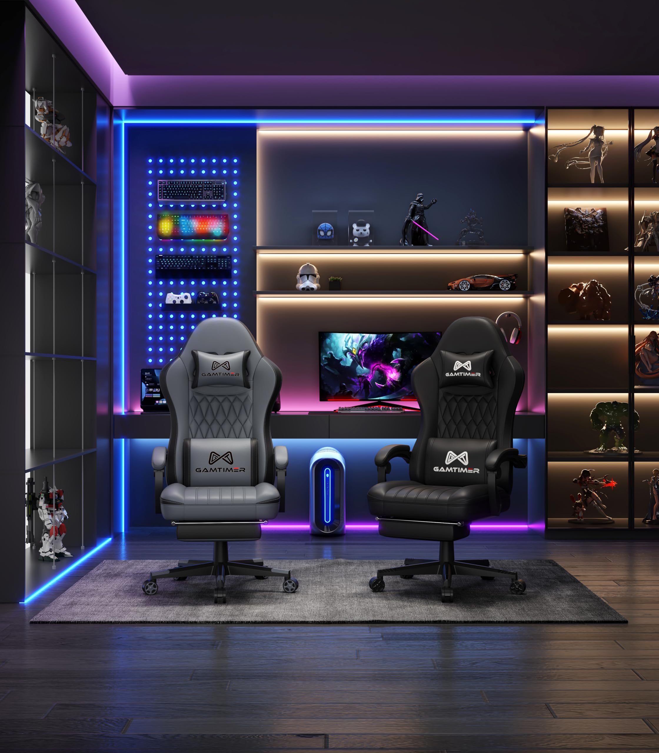 Gamtimer Gaming Chair with Footrest, Ergonomic Computer Chair, PU Breathable Material with Headrest and Lumbar Support, Suitable for Silla Gamer and Adults（Grey） - Flex Gamingproduct_type