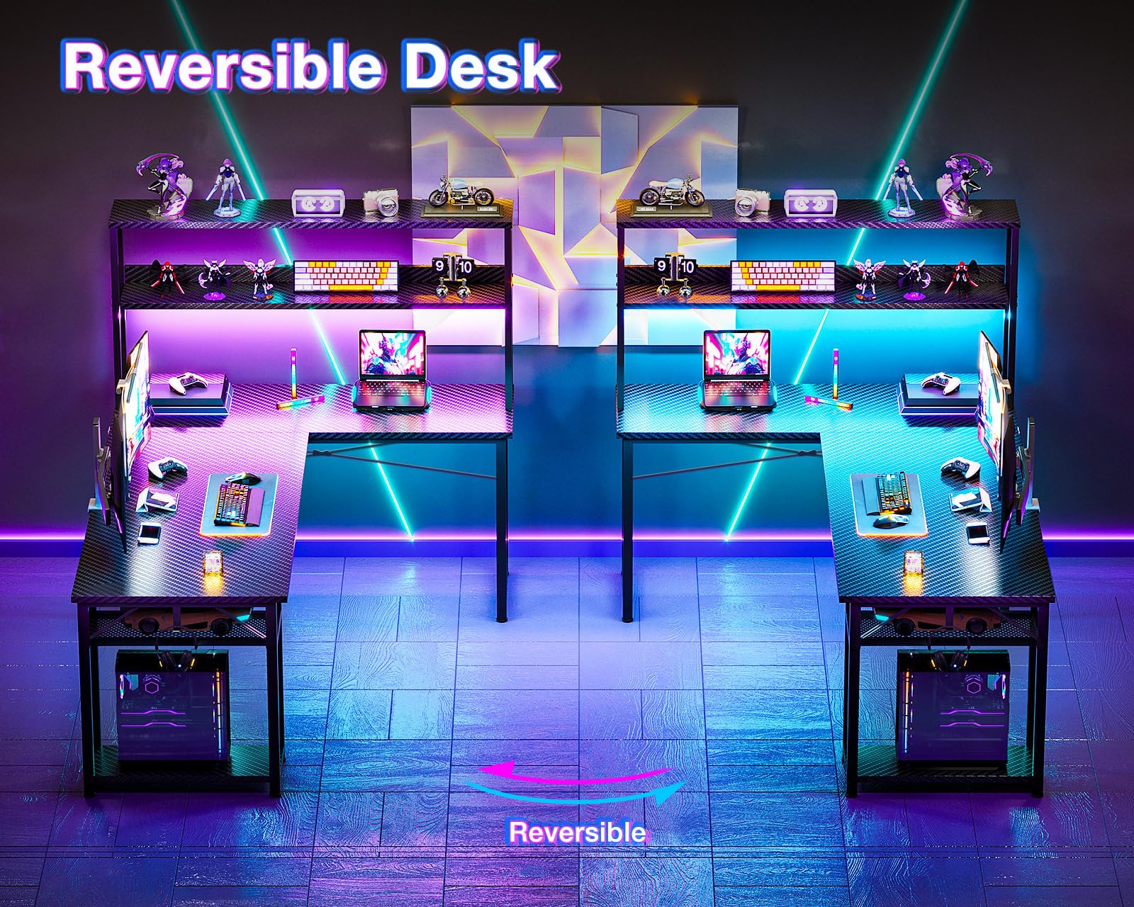ODK 53" L Shaped Gaming Desk with Hutch & Headphone Hook, Corner Computer Table with Storage Shelves for Home Office, Black - Flex Gamingproduct_type