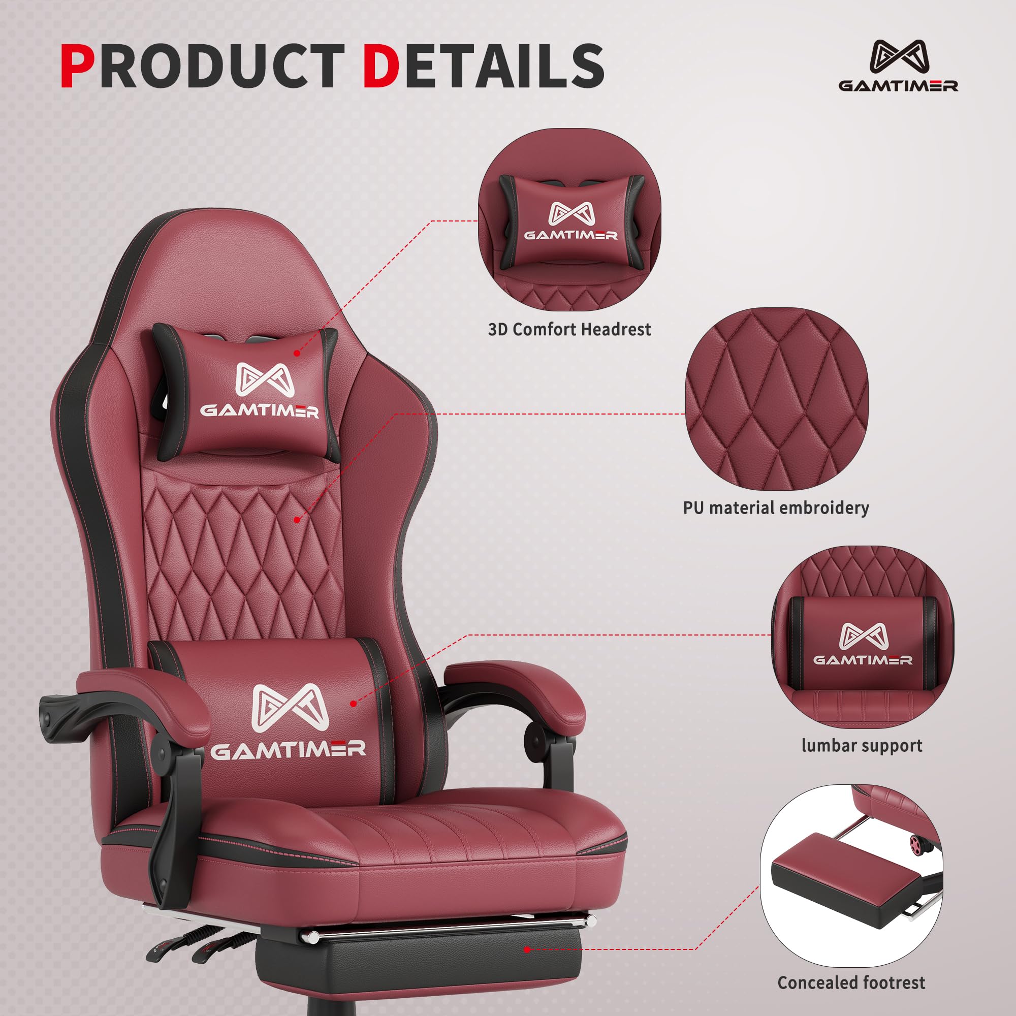 Gamtimer Gaming Chair with Footrest, Ergonomic Computer Chair, PU Breathable Material with Headrest and Lumbar Support, Suitable for Silla Gamer and Adults（Grey） - Flex Gamingproduct_type