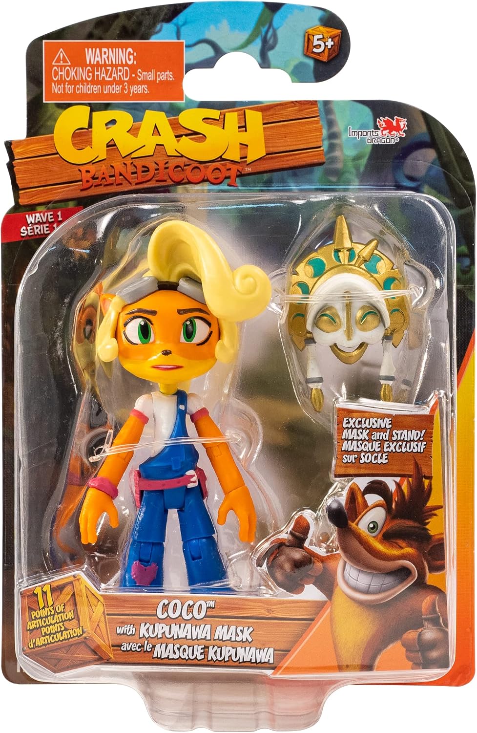 BANDAI Crash Bandicoot Action Figures Coco Bandicoot with Mask | 11cm Coco Bandicoot Toy with Mask and Stand Accessories | Collectable Figures As Merchandise and Video Game Gifts,Blue,White