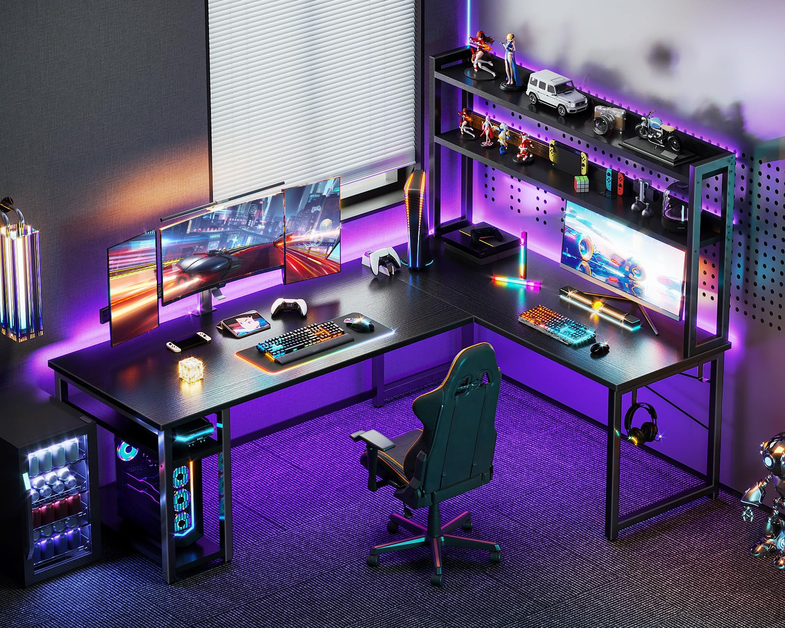 ODK 53" L Shaped Gaming Desk with Hutch & Headphone Hook, Corner Computer Table with Storage Shelves for Home Office, Black - Flex Gamingproduct_type
