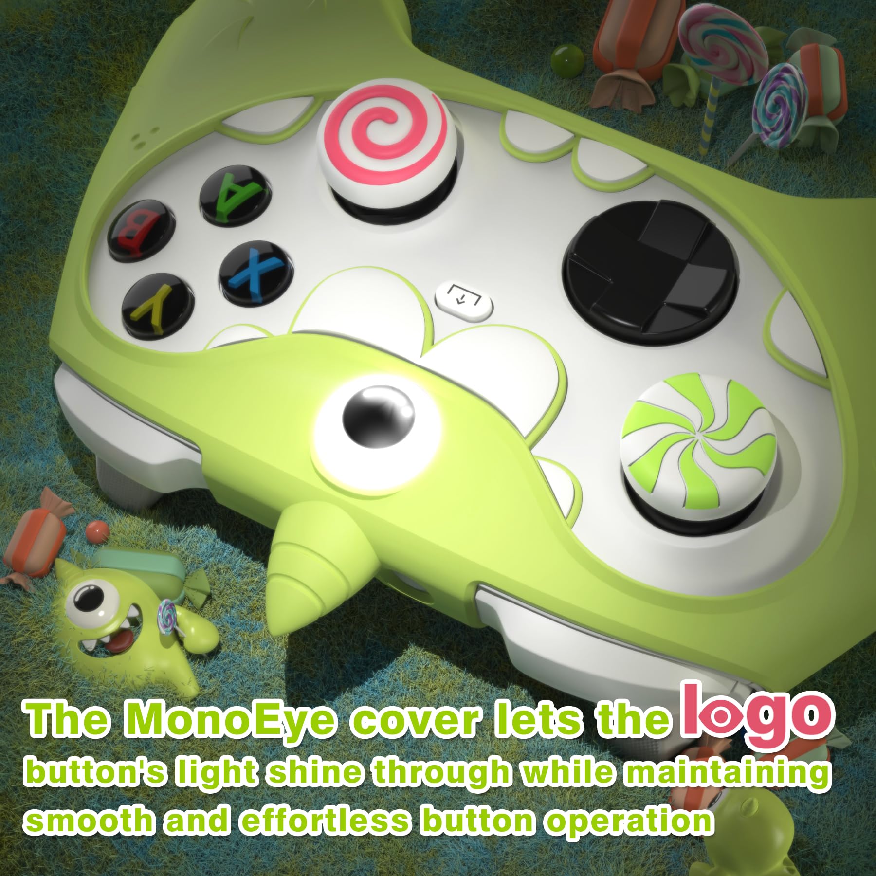 PlayVital MonoEye Monster Controller Skin for Xbox Series X/S - Cute Anti-Slip Silicone Cover Case with 4 Candy Thumb Grip Caps & Stickers, Full Protection Set, Green - Flex Gamingproduct_type