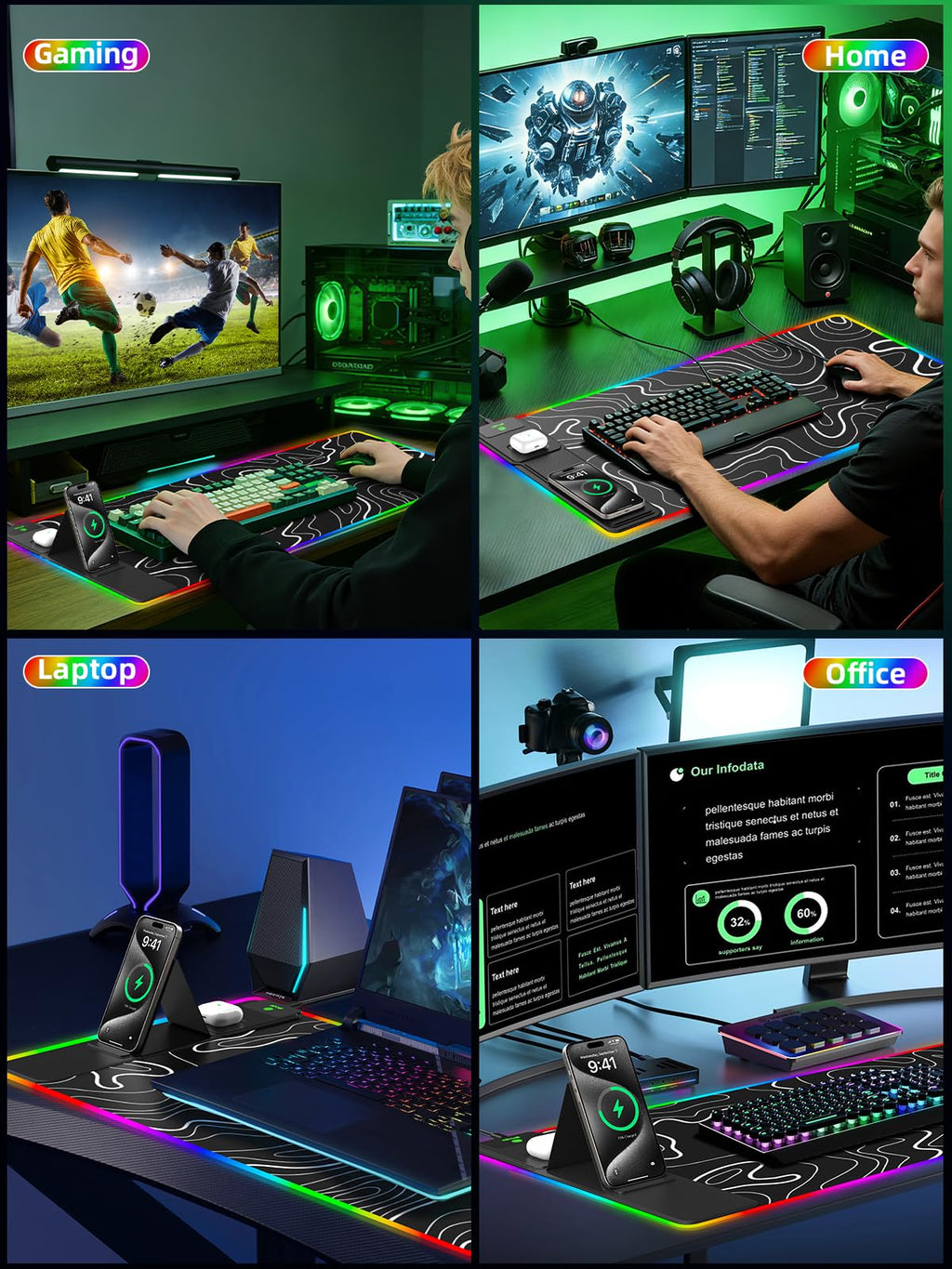 XXL Mouse Pad with Phone Holder - Black, RGB Desk Mat with 15W Fast Charging, LED Gaming Mousepad with 11 Light Colors, Waterproof Non-Slip Pad for Office & Home (Wave) - Flex Gamingproduct_type