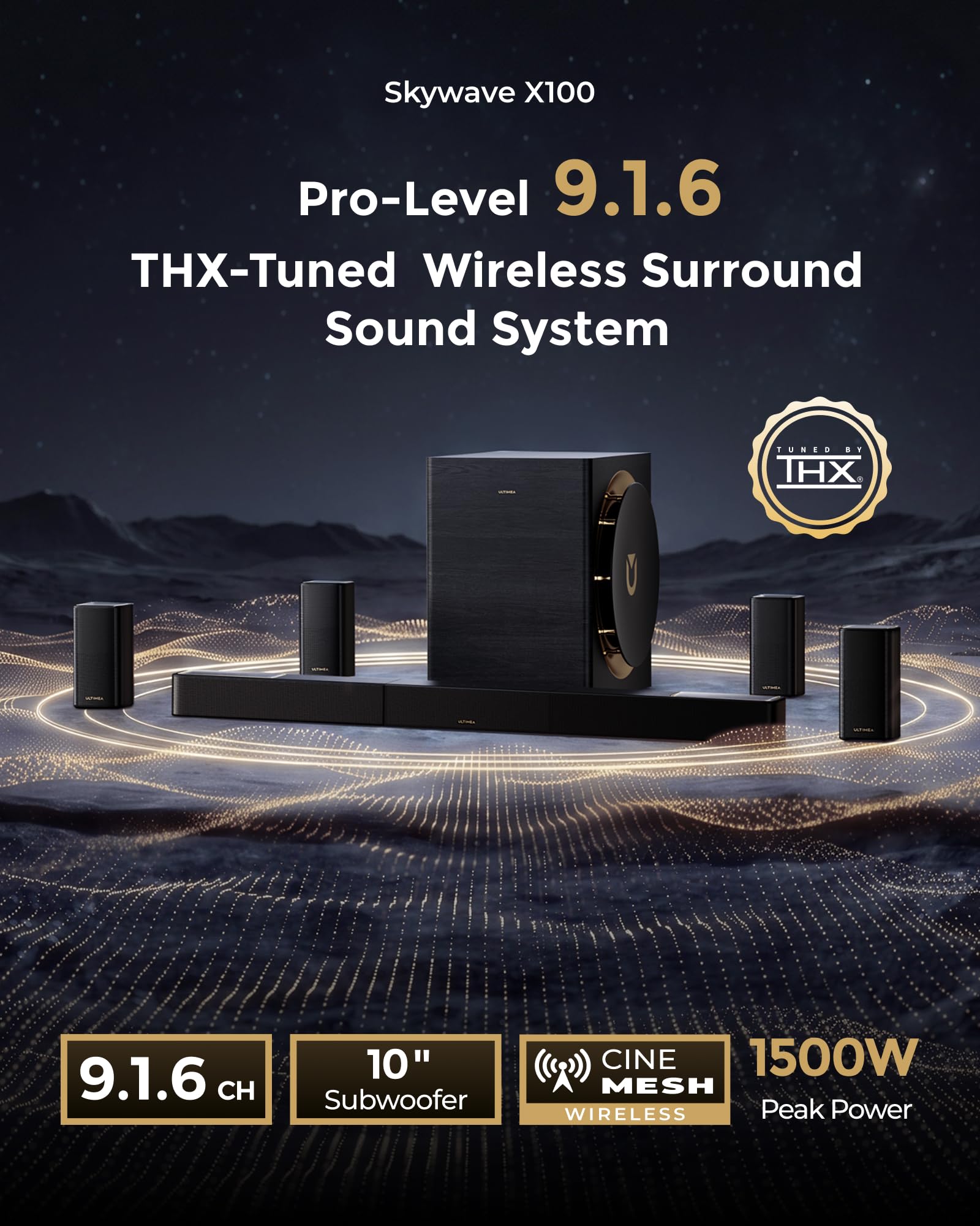 ULTIMEA Skywave X60 7.1.4ch Wireless Surround Sound System for Home Theater | with Dolby Atmos, 840W Sound Bar with 8" Wireless Subwoofer for TV, 28Hz Low Frequency, GaN Amplifier, 4K HDR Pass-Through