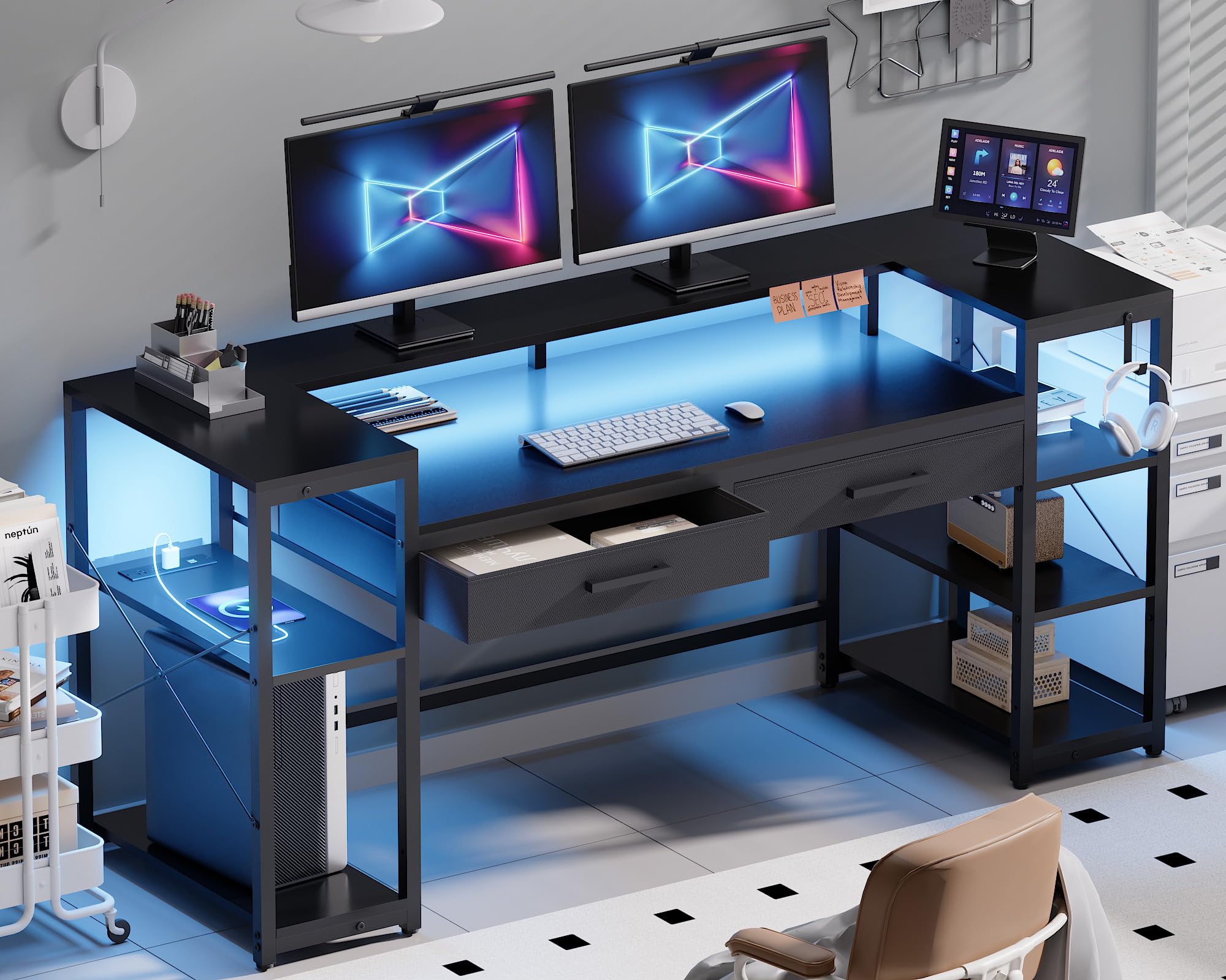 Pamray 58 Inch Computer Desk with Monitor Stand and Shelves Gaming Desk with LED Lights & Power Outlets PC Vanity Table with 2 Drawers for Home Office Black - Flex Gamingproduct_type