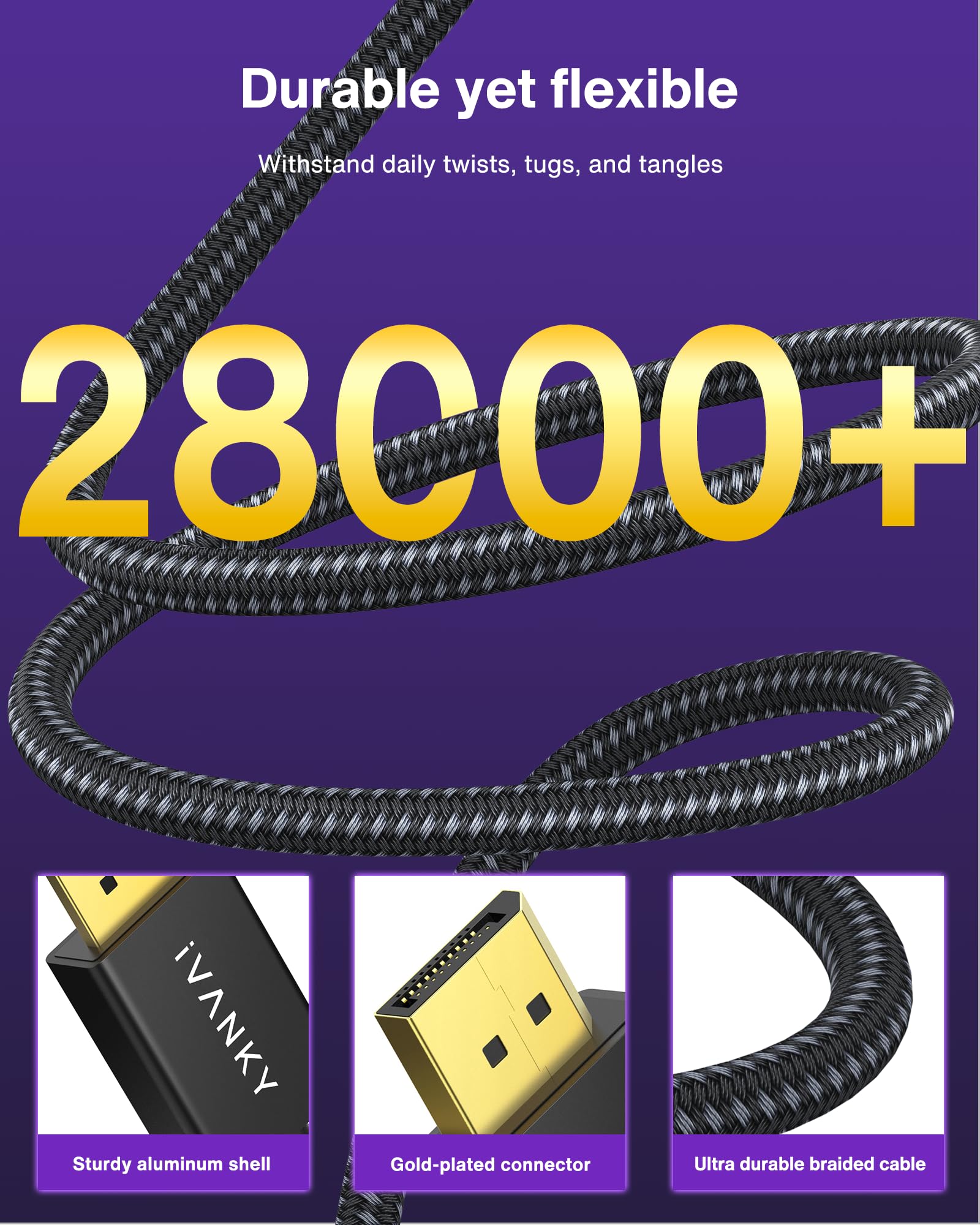 IVANKY 8K DisplayPort Cable 1.4, VESA Certified DP Cable 6.6ft (8K@60Hz, 4K@240Hz, 2K@240Hz)HBR3 Support 32.4Gbps, HDR, HDCP 2.2, FreeSync G-Sync, Braided Display Port for Gaming Monitor, Graphics, PC - Flex Gamingproduct_type