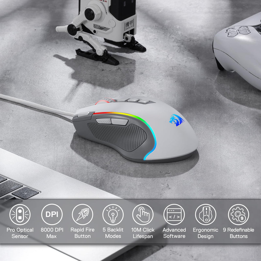 Redragon M612 Predator RGB Gaming Mouse, 8000 DPI Wired Optical Mouse with 11 Programmable Buttons & 5 Backlit Modes, Software Supports DIY Keybinds Rapid Fire Button - Flex Gamingproduct_type