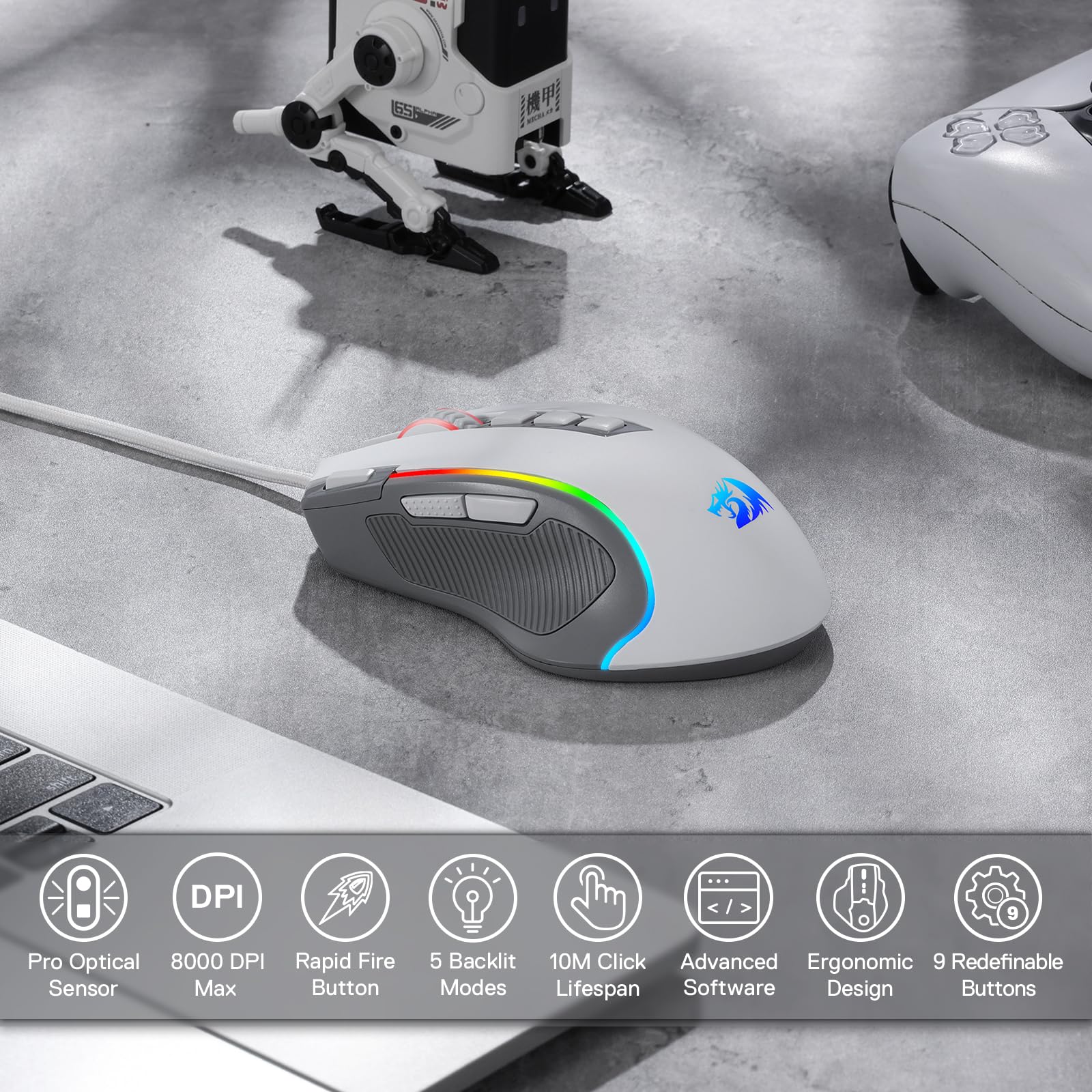 Redragon M612 Predator RGB Gaming Mouse, 8000 DPI Wired Optical Mouse with 11 Programmable Buttons & 5 Backlit Modes, Software Supports DIY Keybinds Rapid Fire Button - Flex Gamingproduct_type