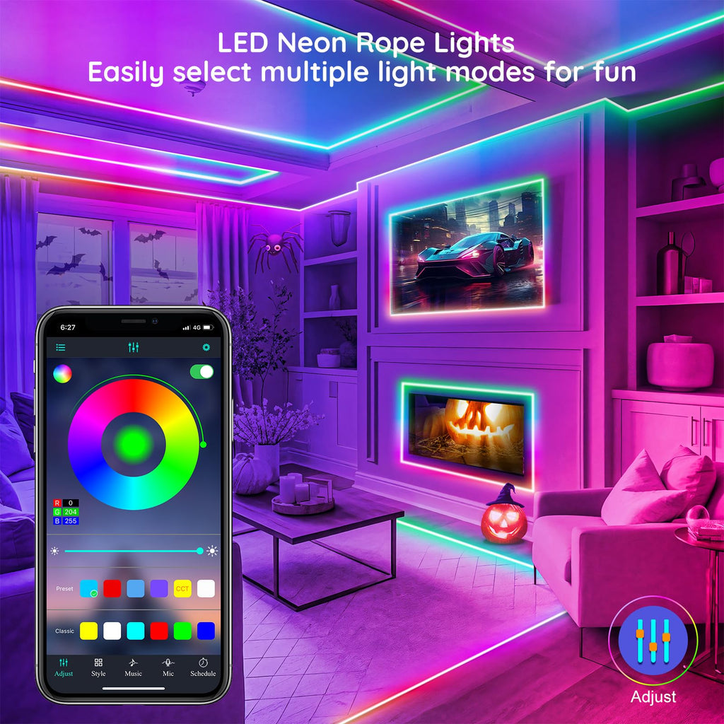 FBZ 200Ft Led Rope Lights, Flexible Neon Lights Control with App/Remote, Multiple Modes, IP65 Outdoor RGB Waterproof, Music Sync Gaming Light Strip for Bedroom Decor (200FT)