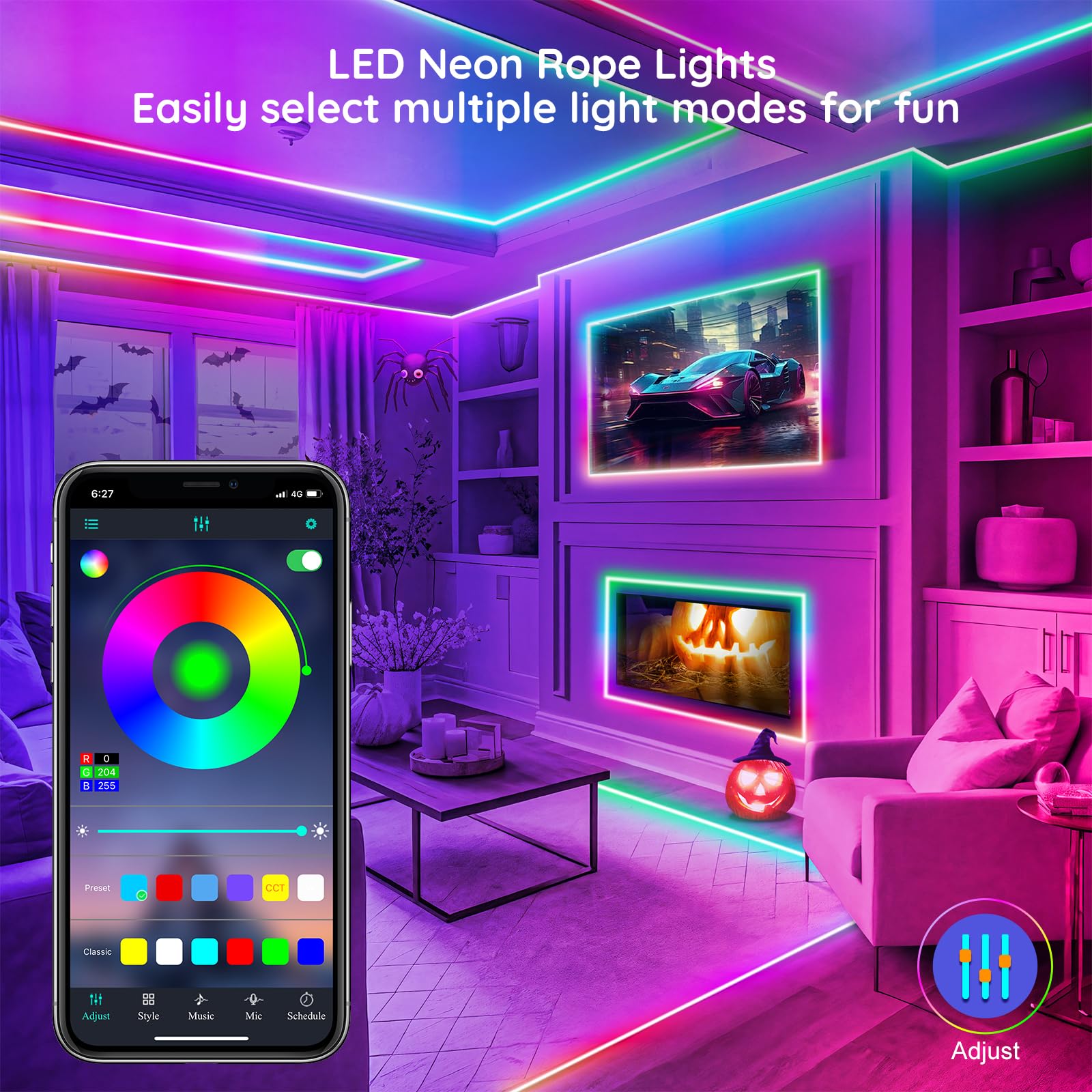 FBZ 200Ft Led Rope Lights, Flexible Neon Lights Control with App/Remote, Multiple Modes, IP65 Outdoor RGB Waterproof, Music Sync Gaming Light Strip for Bedroom Decor (200FT)