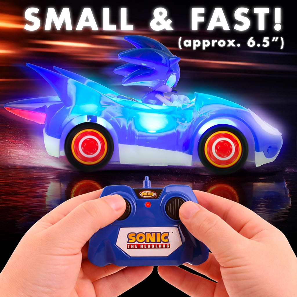 NKOK Sonic RC Car Glow Racer – Light-Up Remote Control Car, 1/28 Scale | Official Sonic the Hedgehog RC Toy with Easy Controls, Indoor & Outdoor Racing Fun, Collectible Design & Kids Gift, Ages 6+