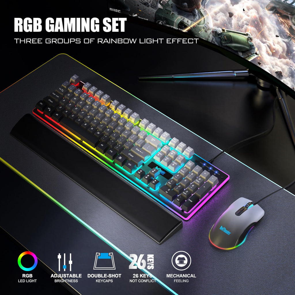 RedThunder K10 Wired Gaming Keyboard and Mouse and Wrist Rest Combo, RGB Backlit, Mechanical Feel Anti-ghosting Keyboard + 7D 7200 DPI Mice+Soft Leather Wrist Rest 3 in 1 PC Gamer Accessories(Black) - Flex Gamingproduct_type