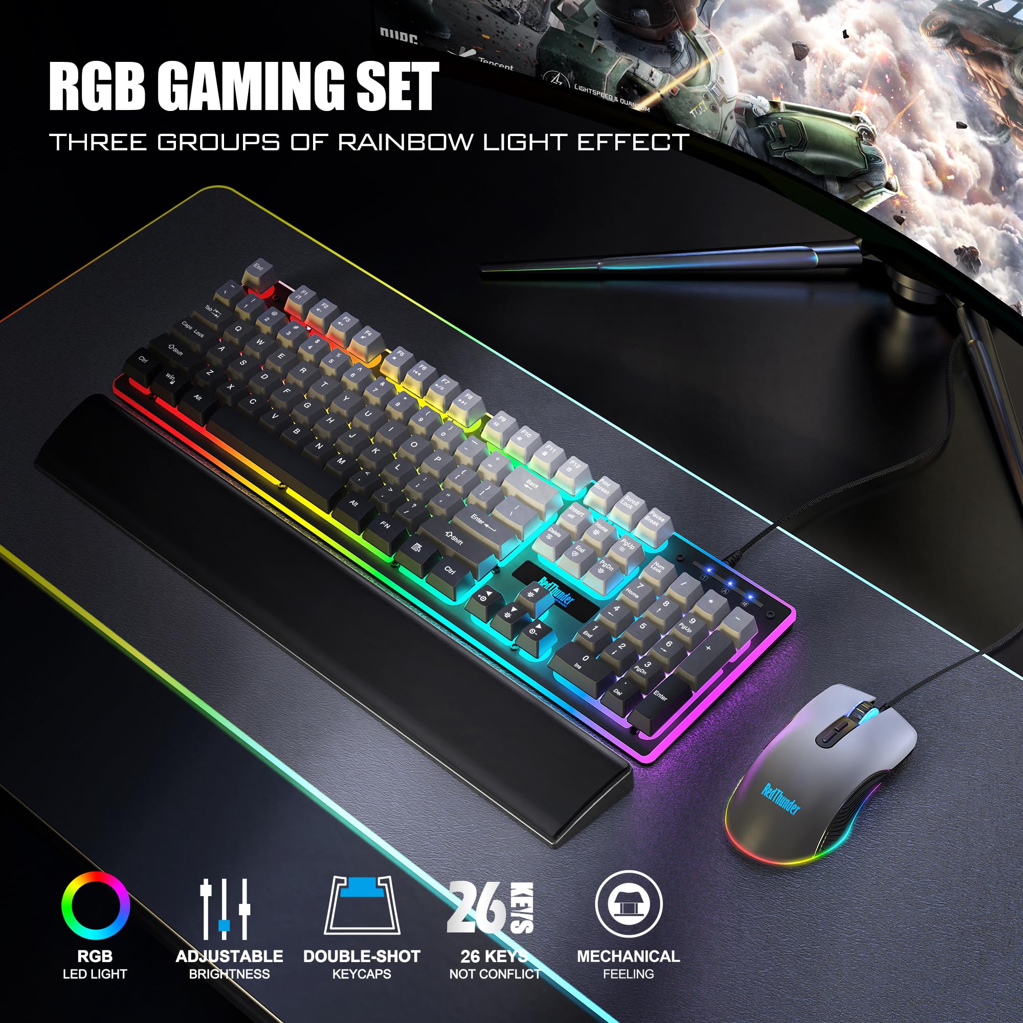 RedThunder K10 Wired Gaming Keyboard and Mouse and Wrist Rest Combo, RGB Backlit, Mechanical Feel Anti-ghosting Keyboard + 7D 7200 DPI Mice+Soft Leather Wrist Rest 3 in 1 PC Gamer Accessories(Black) - Flex Gamingproduct_type