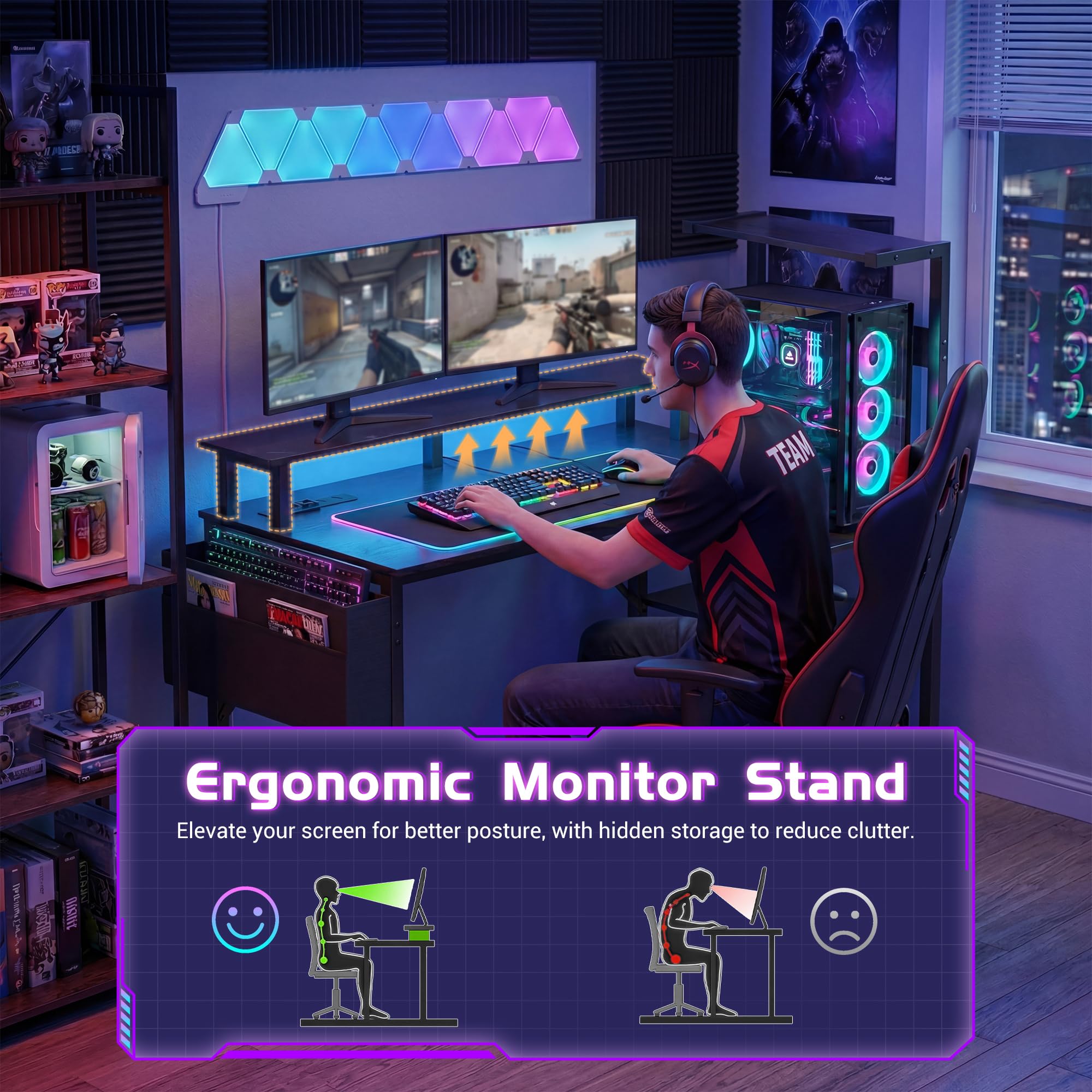 Apicizon 43 Inch Gaming Desk with LED Setup Style, Computer Desk with Storage Shelves & Monitor Stand, Reversible Workstation for Small Space, Home Office Desk Black - Flex Gamingproduct_type