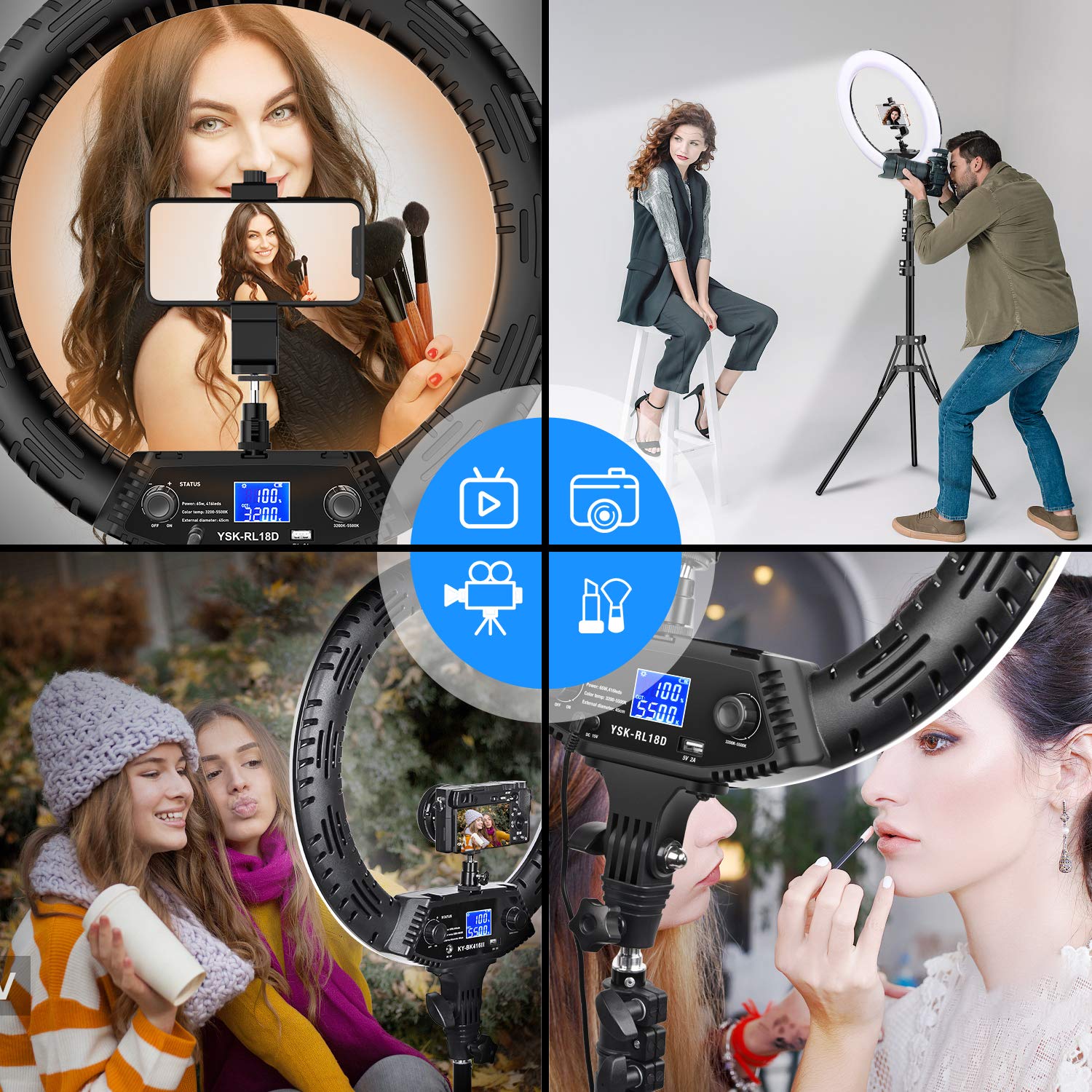 Yesker Ring Light with Tripod Stand and Phone Holder 18 Inch RGB Ringlight 25 RGB Modes Bi-Color Adjustable 2700–7000K LED Selfie Halo Light Kit for Live Stream Photography Zoom Makeup Youtobe Tiktok