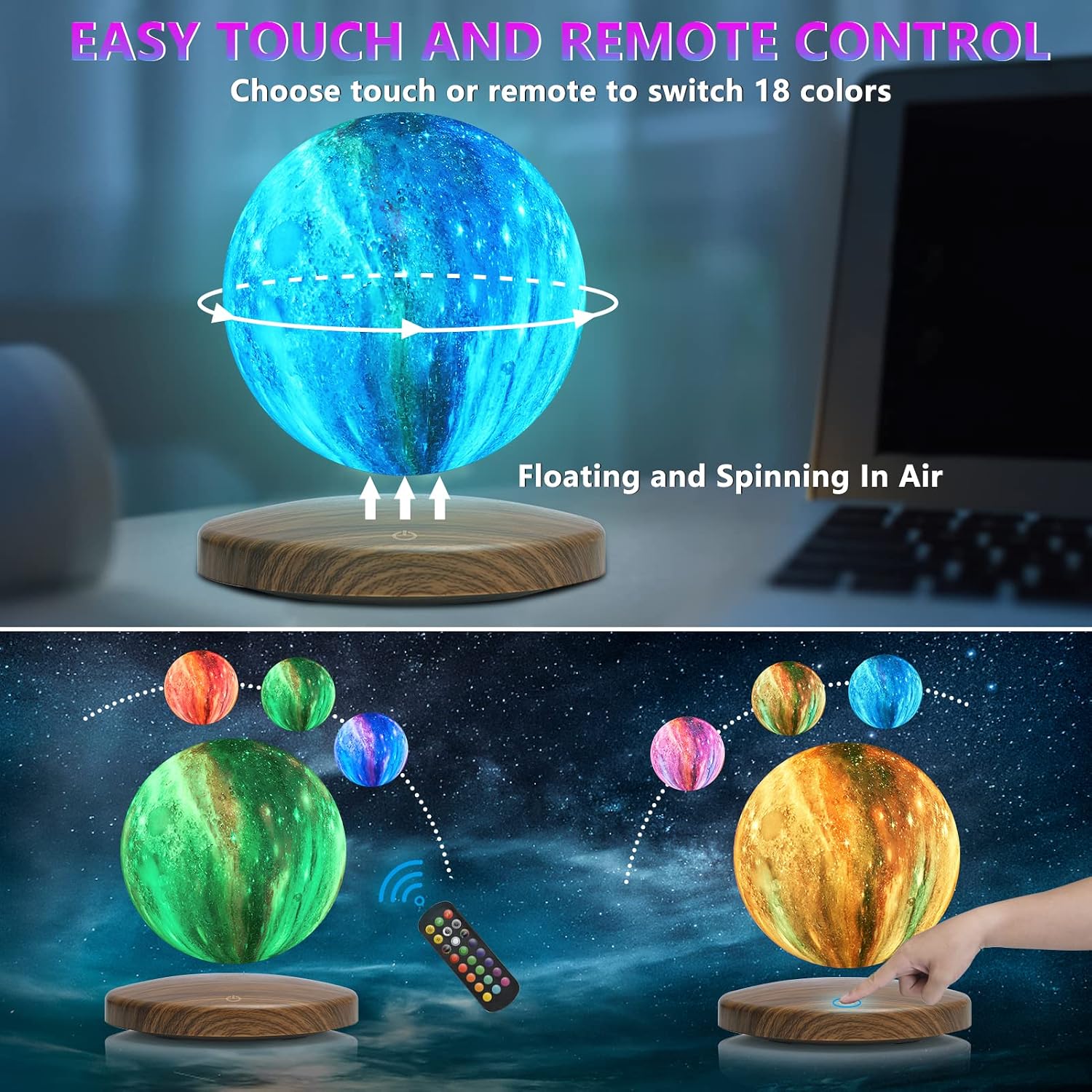 GROPINFLY Levitating Moon Lamp – 18 Colors & Multicolor