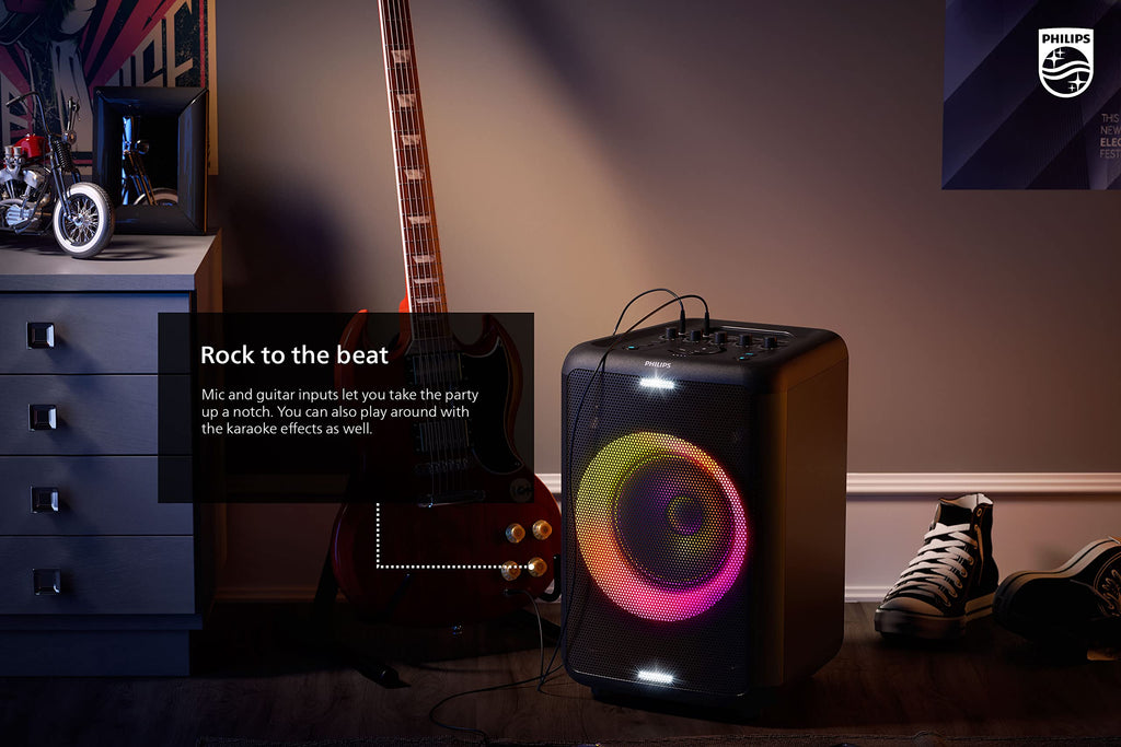 Philips X5206 Bluetooth Party Speaker - 14 Hours Play Time, Deep Bass, Party Lights, Karaoke Effects, Mic & Guitar Input, 80W Max Power, Black