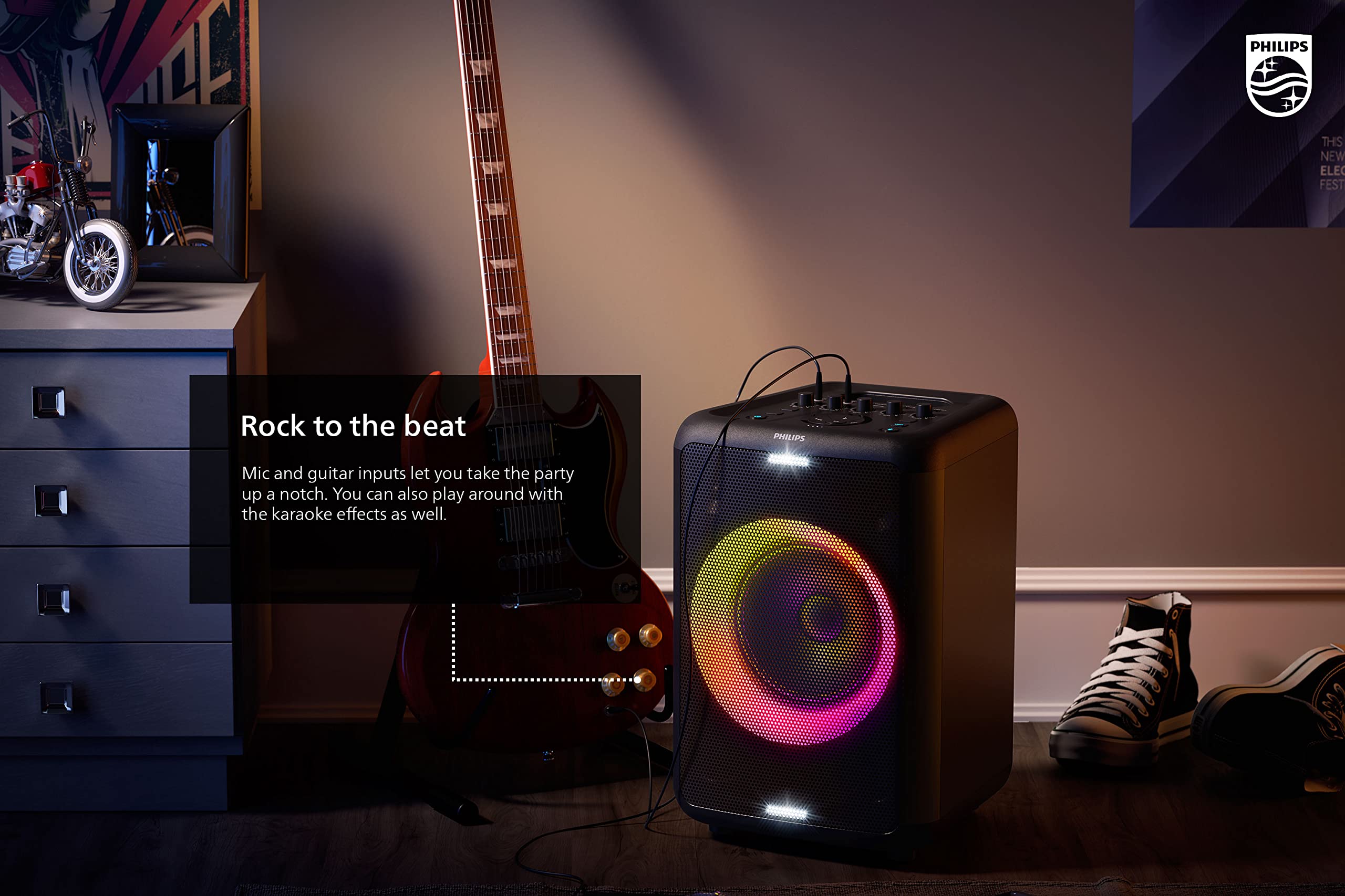 Philips X5206 Bluetooth Party Speaker - 14 Hours Play Time, Deep Bass, Party Lights, Karaoke Effects, Mic & Guitar Input, 80W Max Power, Black