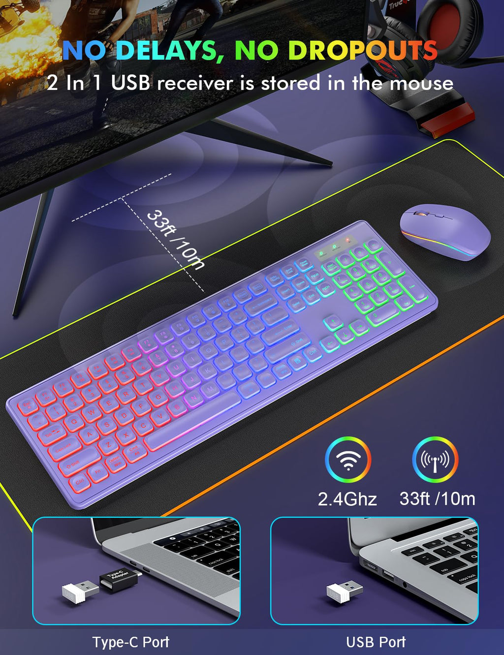 Wireless Keyboard and Mouse Combo, RGB Backlit, Rechargeable & Light Up Letters, Full-Size, Soft Typing, Sleep Mode, 2.4GHz Quiet Keyboard Set for Mac, Windows, Laptop, PC, Trueque KM42Pro (Black) - Flex Gamingproduct_type